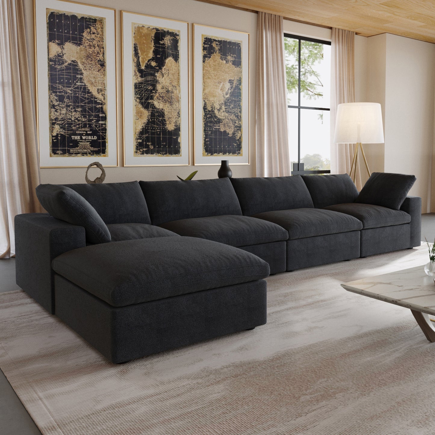 luxurious Corduroy Sectional Sofa Set (Black) is crafted with a wooden frame and sponge filling, offering durability and comfort. Its modular design and modern style make it versatile for various settings like living rooms, villas, or hotels.