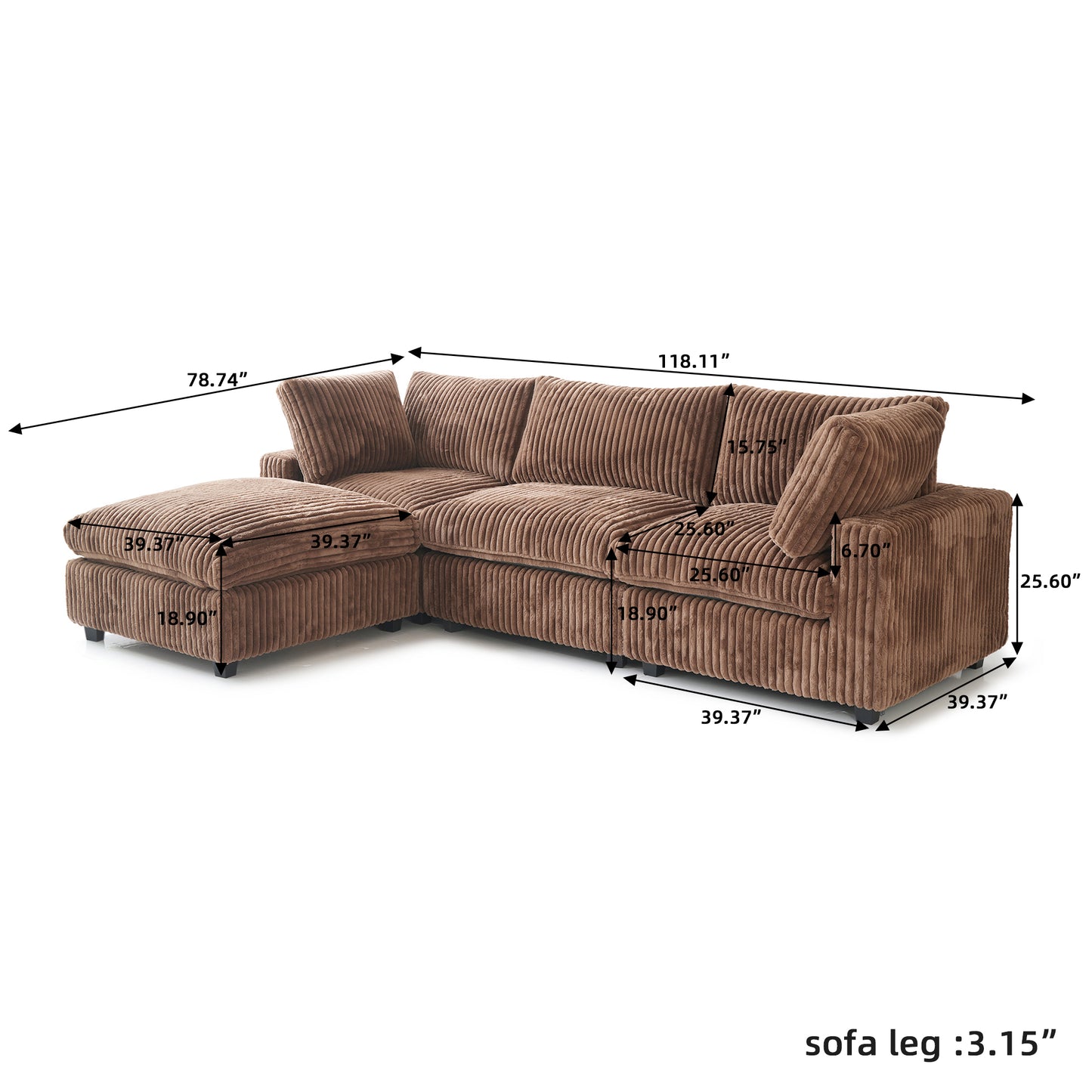 luxurious Corduroy Sectional Sofa Set is crafted with a wooden frame and sponge filling, offering durability and comfort. Its modular design and modern style make it versatile for various settings like living rooms, villas, or hotels.