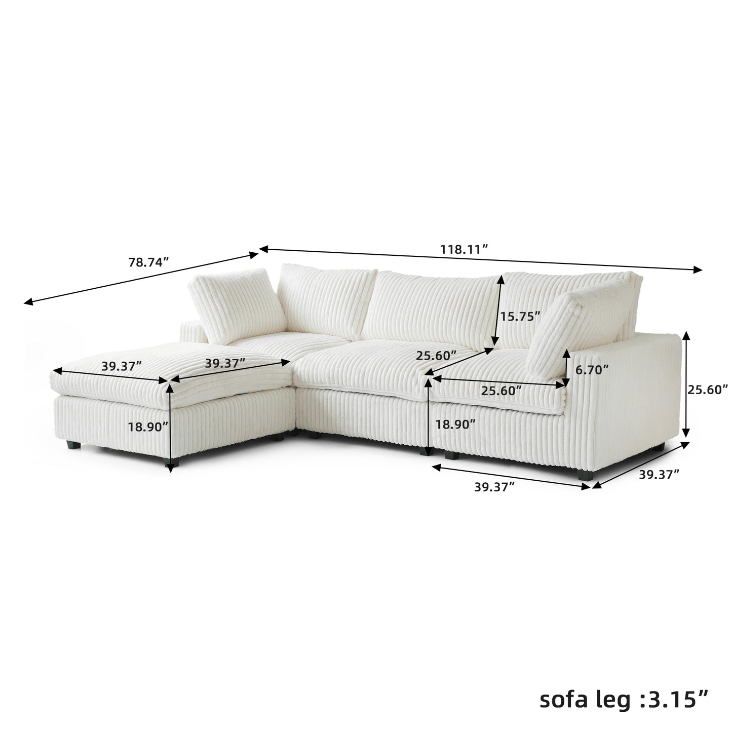 luxurious Corduroy Sectional Sofa Set is crafted with a wooden frame and sponge filling, offering durability and comfort. Its modular design and modern style make it versatile for various settings like living rooms, villas, or hotels.