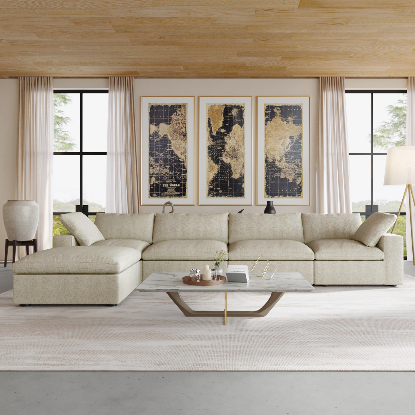 luxurious Corduroy Sectional Sofa Set (Beige) is crafted with a wooden frame and sponge filling, offering durability and comfort. Its modular design and modern style make it versatile for various settings like living rooms, villas, or hotels.
