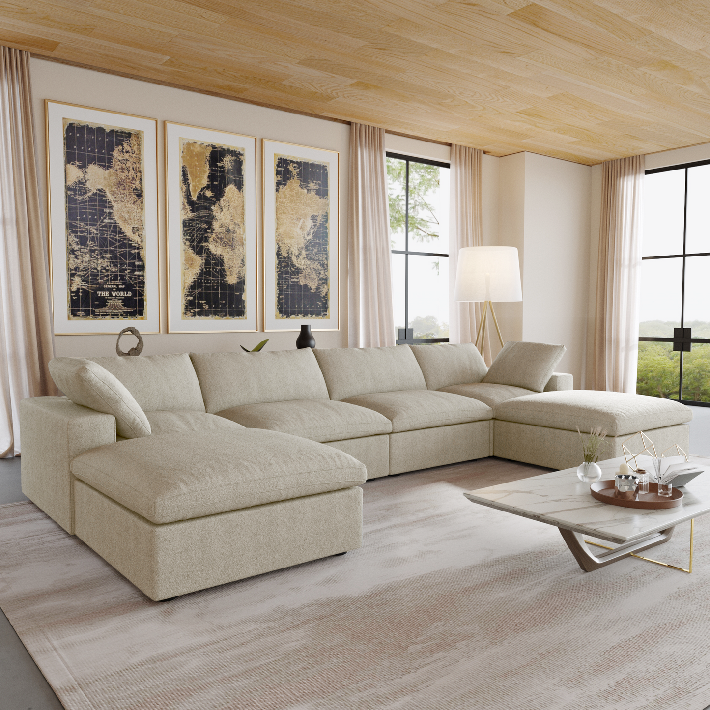 luxurious Corduroy Sectional Sofa Set (Beige) is crafted with a wooden frame and sponge filling, offering durability and comfort. Its modular design and modern style make it versatile for various settings like living rooms, villas, or hotels.