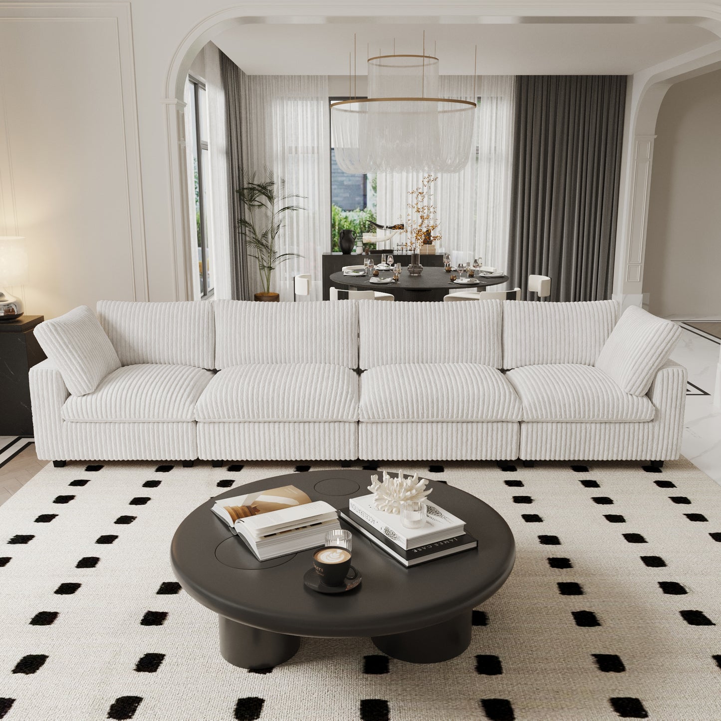 luxurious Corduroy Sectional Sofa Set is crafted with a wooden frame and sponge filling, offering durability and comfort. Its modular design and modern style make it versatile for various settings like living rooms, villas, or hotels.