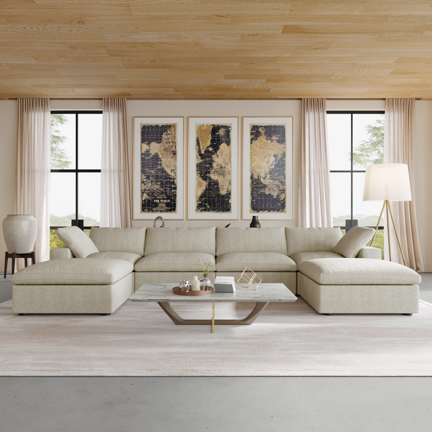 luxurious Corduroy Sectional Sofa Set (Beige) is crafted with a wooden frame and sponge filling, offering durability and comfort. Its modular design and modern style make it versatile for various settings like living rooms, villas, or hotels.