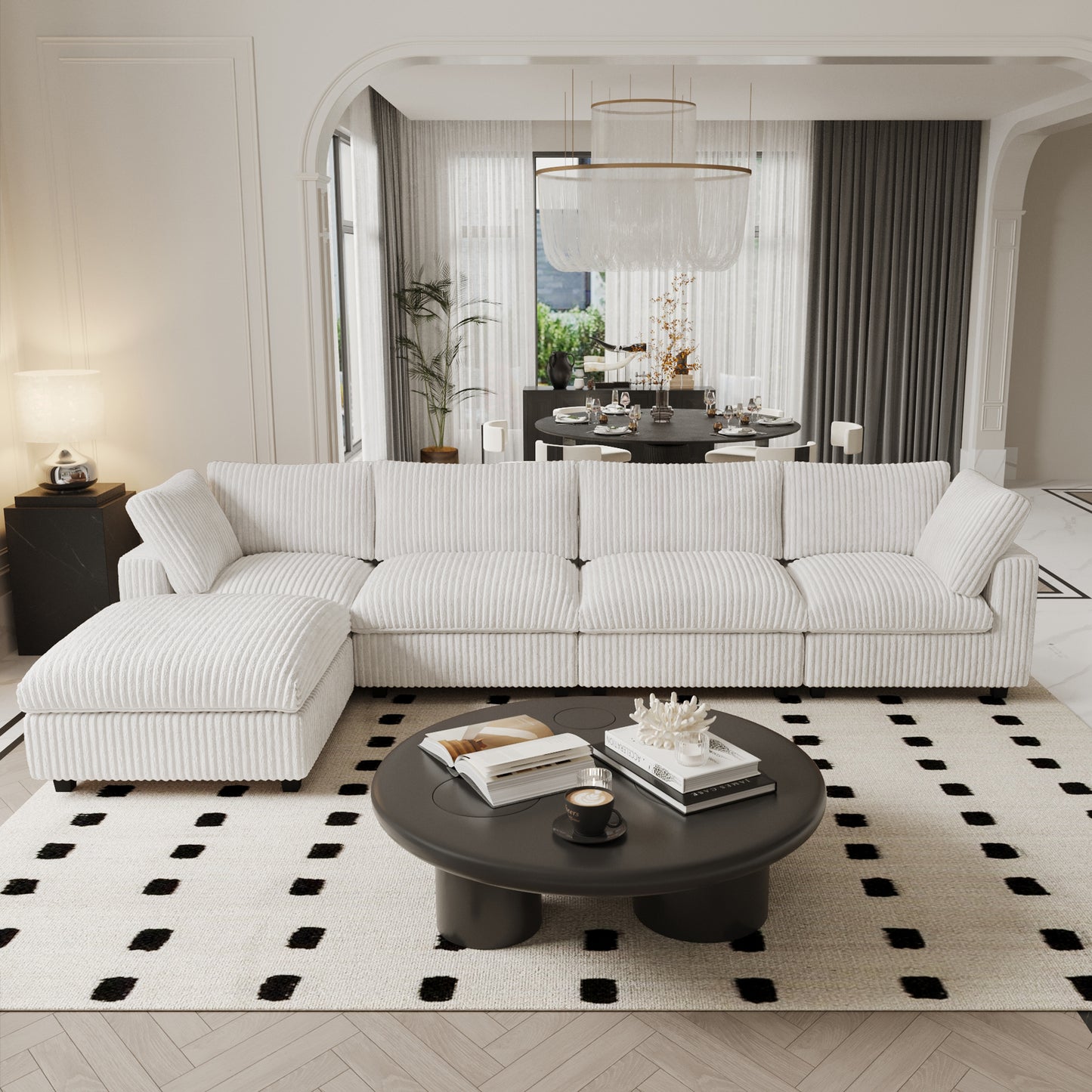 luxurious Corduroy Sectional Sofa Set is crafted with a wooden frame and sponge filling, offering durability and comfort. Its modular design and modern style make it versatile for various settings like living rooms, villas, or hotels.