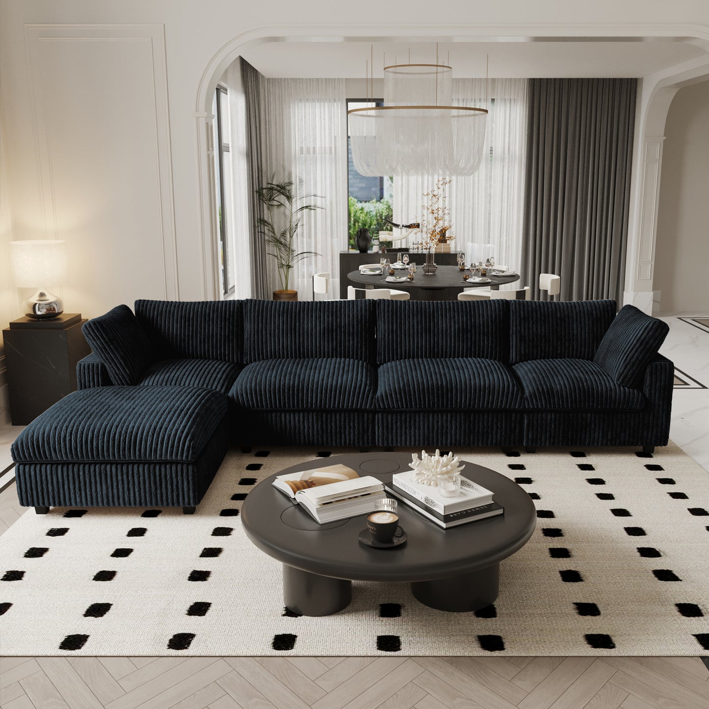 luxurious Corduroy Sectional Sofa Set is crafted with a wooden frame and sponge filling, offering durability and comfort. Its modular design and modern style make it versatile for various settings like living rooms, villas, or hotels. (Copy)