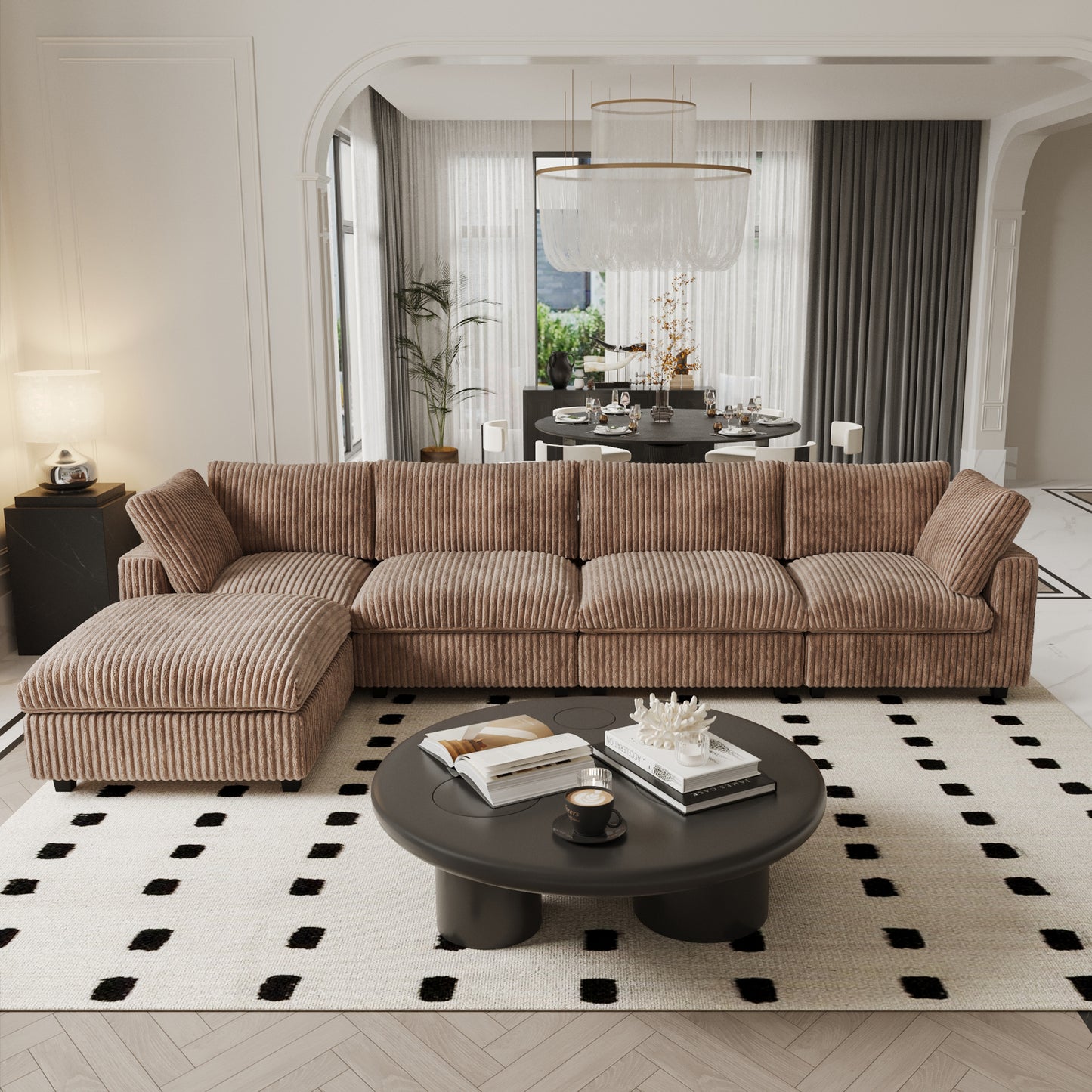 luxurious Corduroy Sectional Sofa Set is crafted with a wooden frame and sponge filling, offering durability and comfort. Its modular design and modern style make it versatile for various settings like living rooms, villas, or hotels.