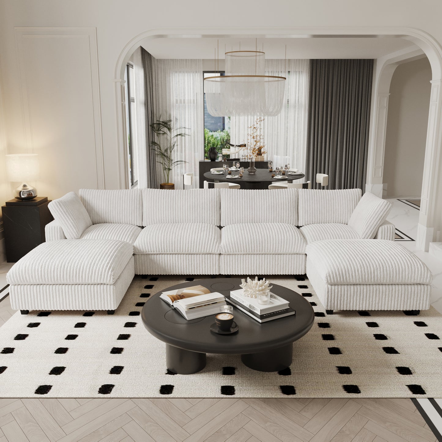 luxurious Corduroy Sectional Sofa Set is crafted with a wooden frame and sponge filling, offering durability and comfort. Its modular design and modern style make it versatile for various settings like living rooms, villas, or hotels.