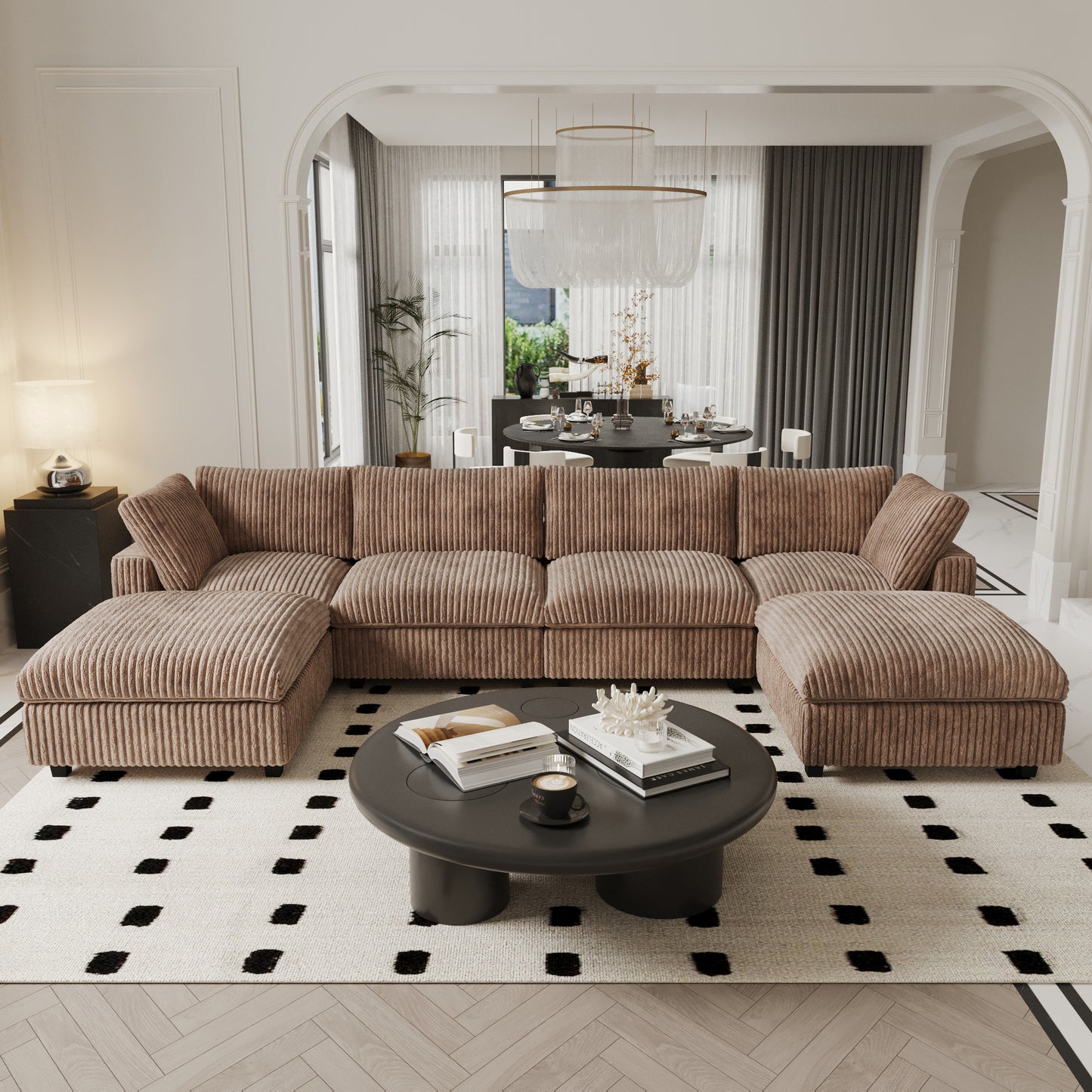 luxurious Corduroy Sectional Sofa Set is crafted with a wooden frame and sponge filling, offering durability and comfort. Its modular design and modern style make it versatile for various settings like living rooms, villas, or hotels.