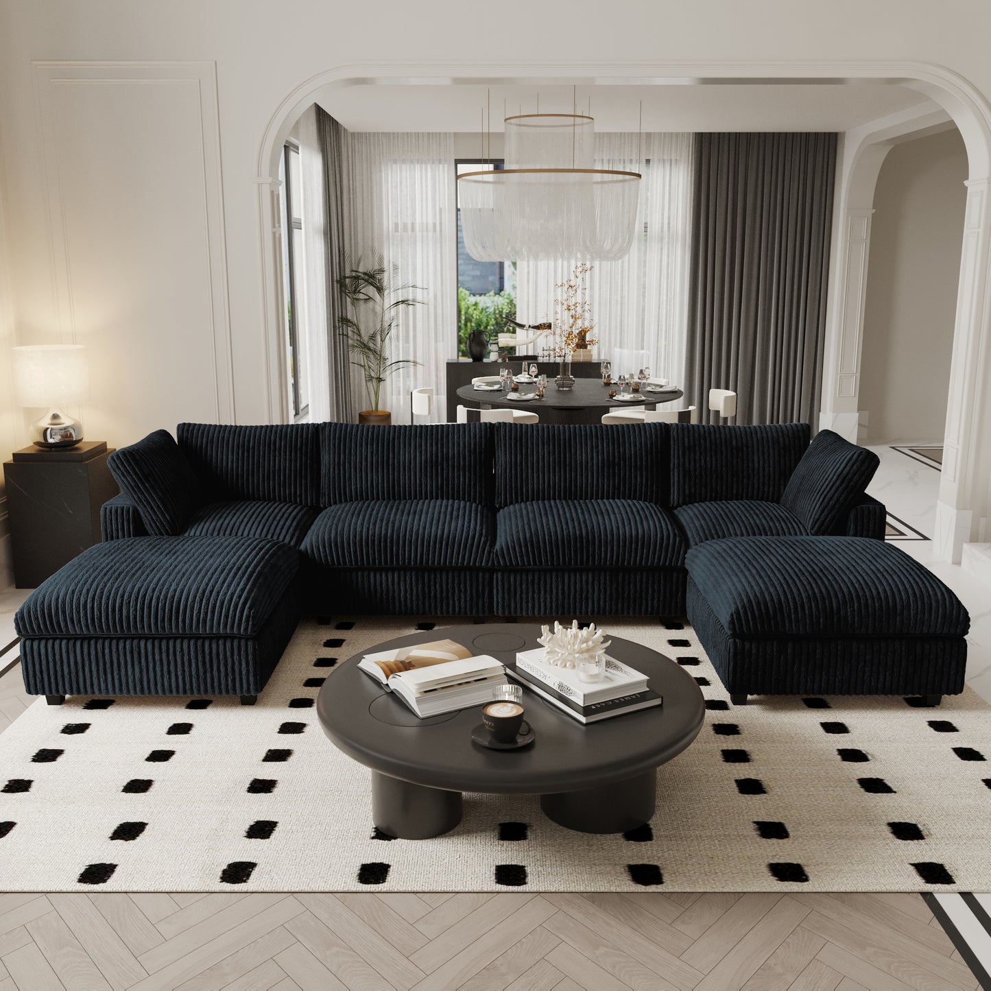 luxurious Corduroy Sectional Sofa Set is crafted with a wooden frame and sponge filling, offering durability and comfort. Its modular design and modern style make it versatile for various settings like living rooms, villas, or hotels. (Copy)
