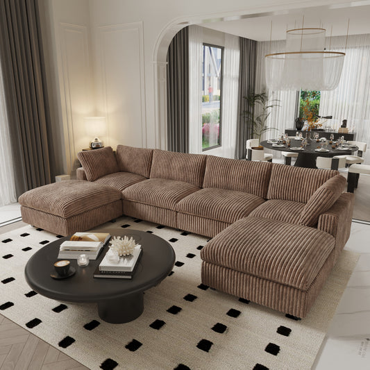 luxurious Corduroy Sectional Sofa Set is crafted with a wooden frame and sponge filling, offering durability and comfort. Its modular design and modern style make it versatile for various settings like living rooms, villas, or hotels.