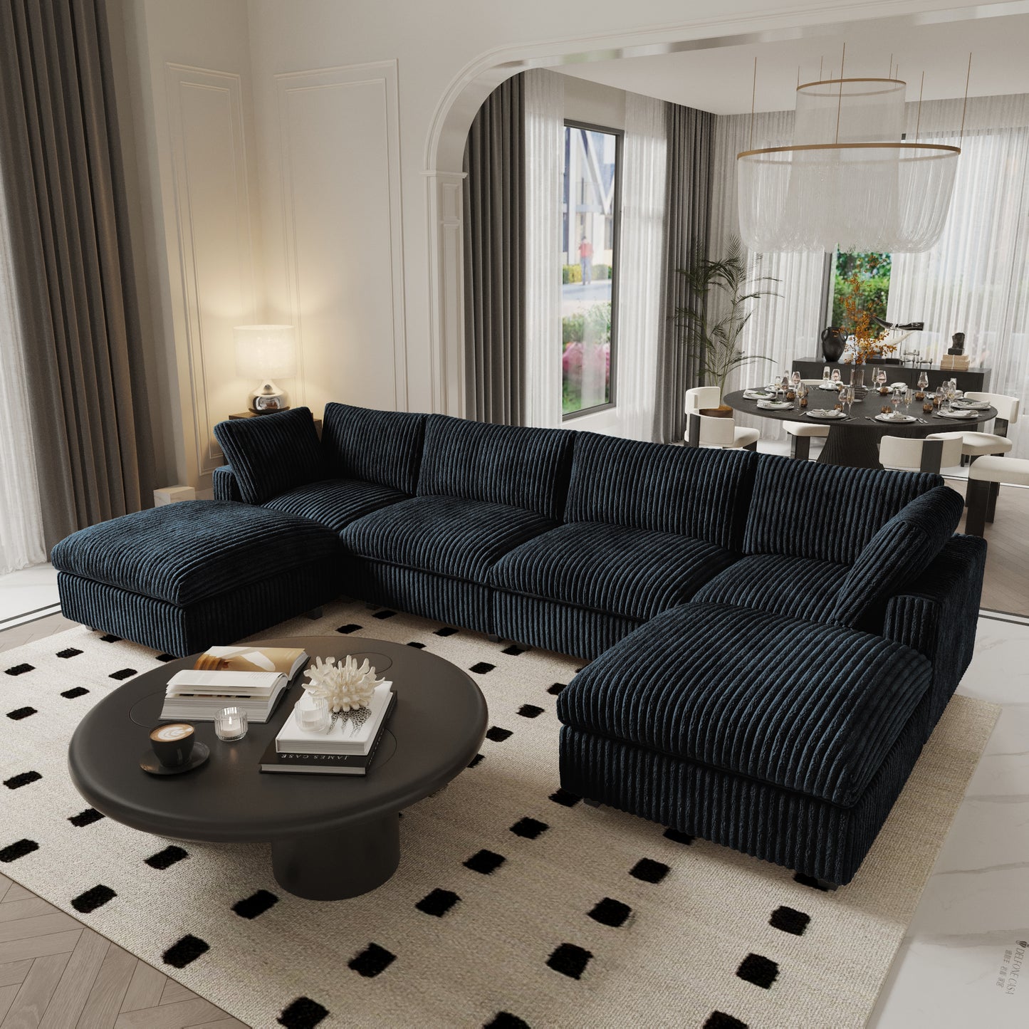 luxurious Corduroy Sectional Sofa Set is crafted with a wooden frame and sponge filling, offering durability and comfort. Its modular design and modern style make it versatile for various settings like living rooms, villas, or hotels. (Copy)