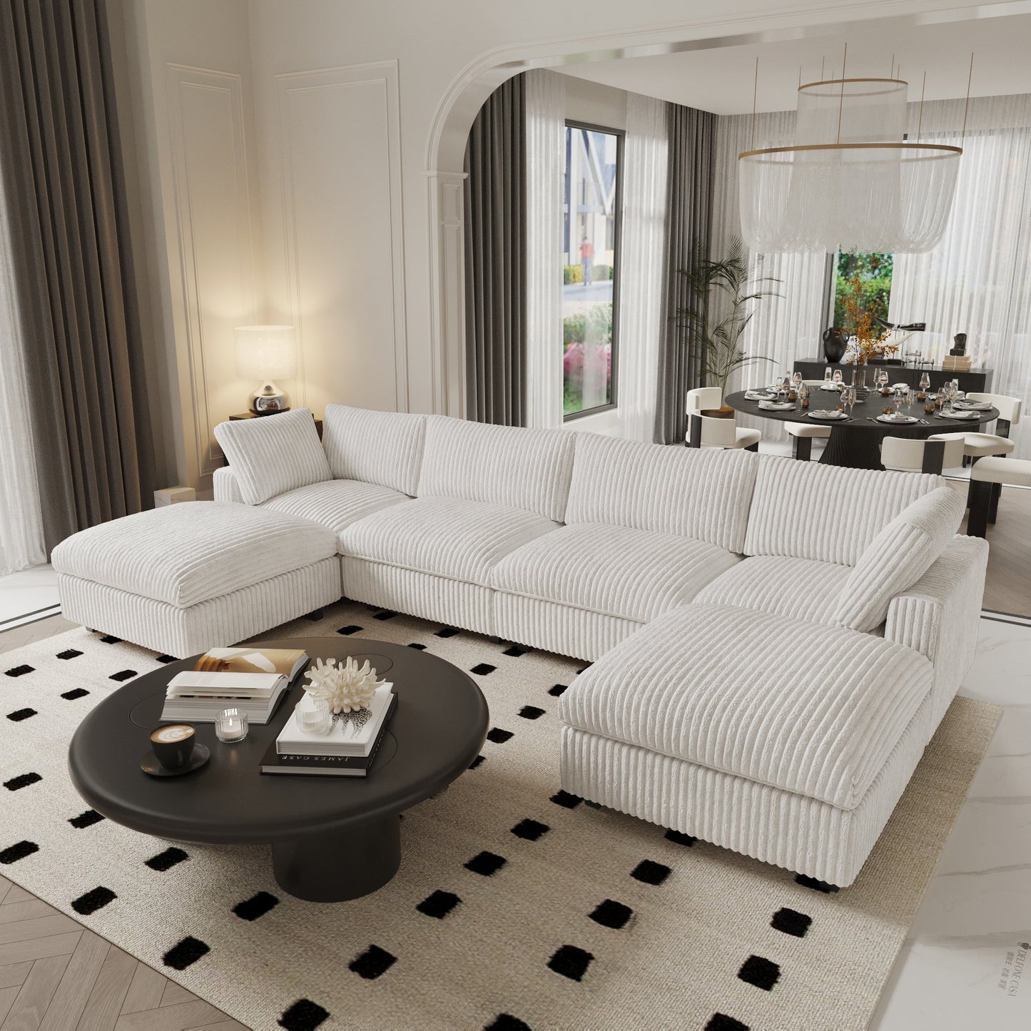 luxurious Corduroy Sectional Sofa Set is crafted with a wooden frame and sponge filling, offering durability and comfort. Its modular design and modern style make it versatile for various settings like living rooms, villas, or hotels.