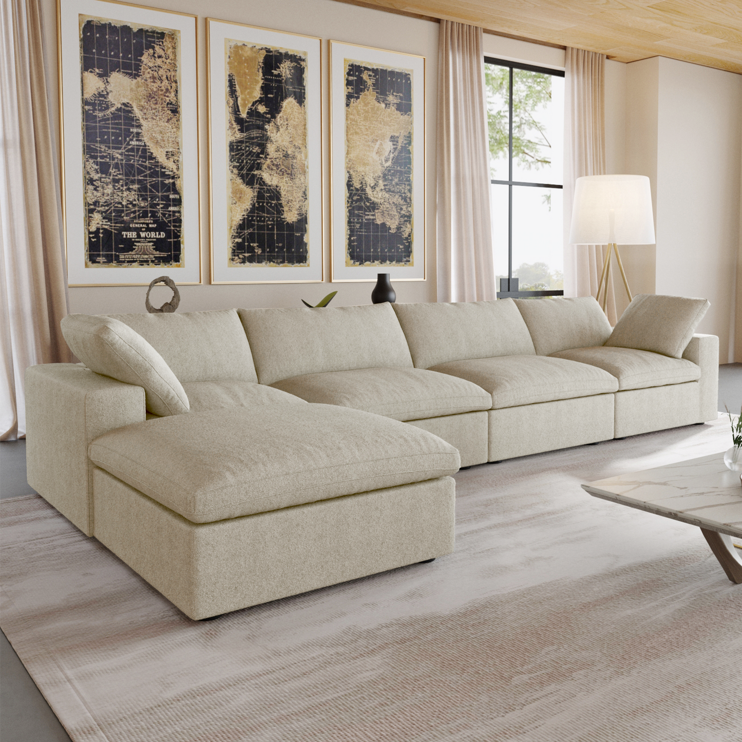 luxurious Corduroy Sectional Sofa Set (Beige) is crafted with a wooden frame and sponge filling, offering durability and comfort. Its modular design and modern style make it versatile for various settings like living rooms, villas, or hotels.