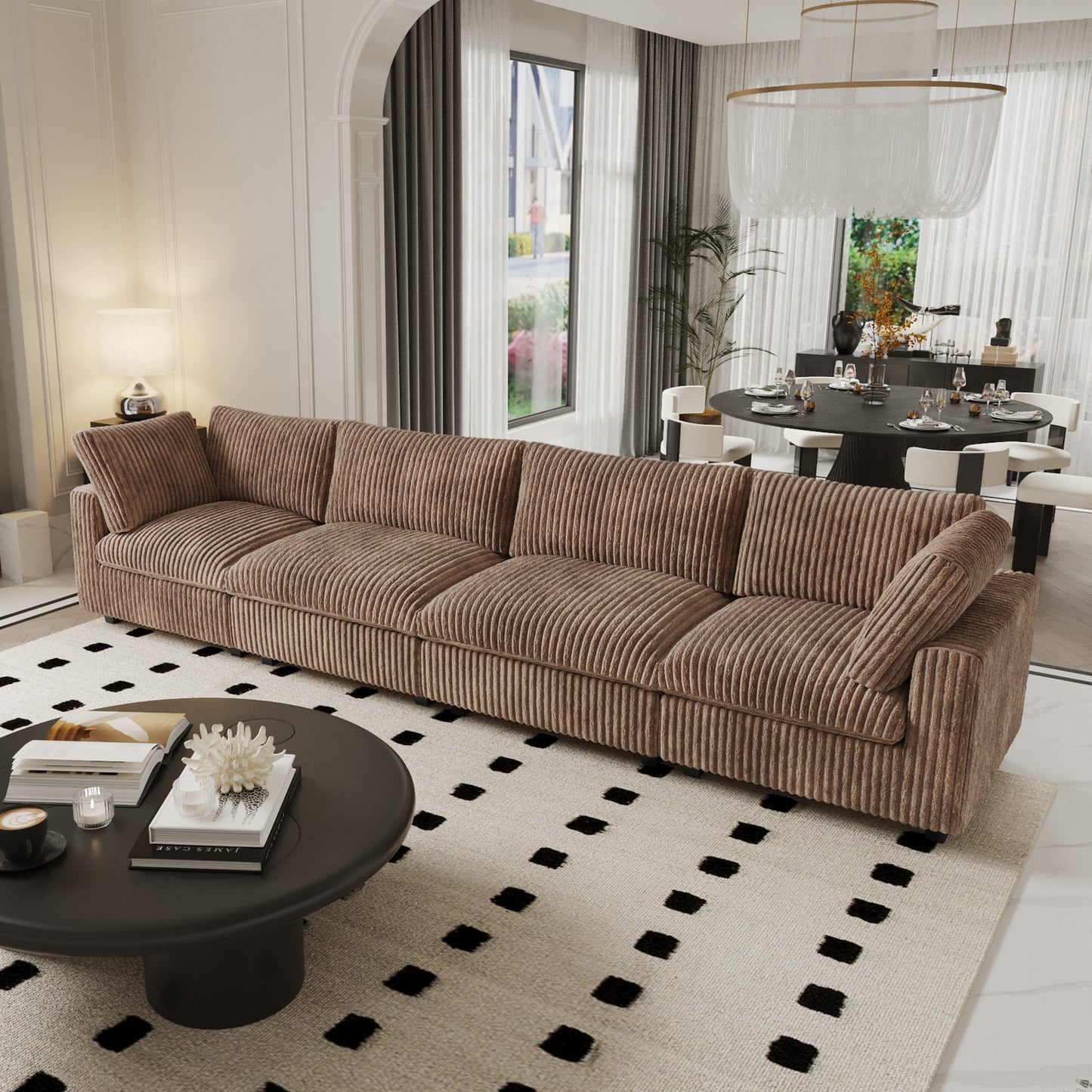 luxurious Corduroy Sectional Sofa Set is crafted with a wooden frame and sponge filling, offering durability and comfort. Its modular design and modern style make it versatile for various settings like living rooms, villas, or hotels.