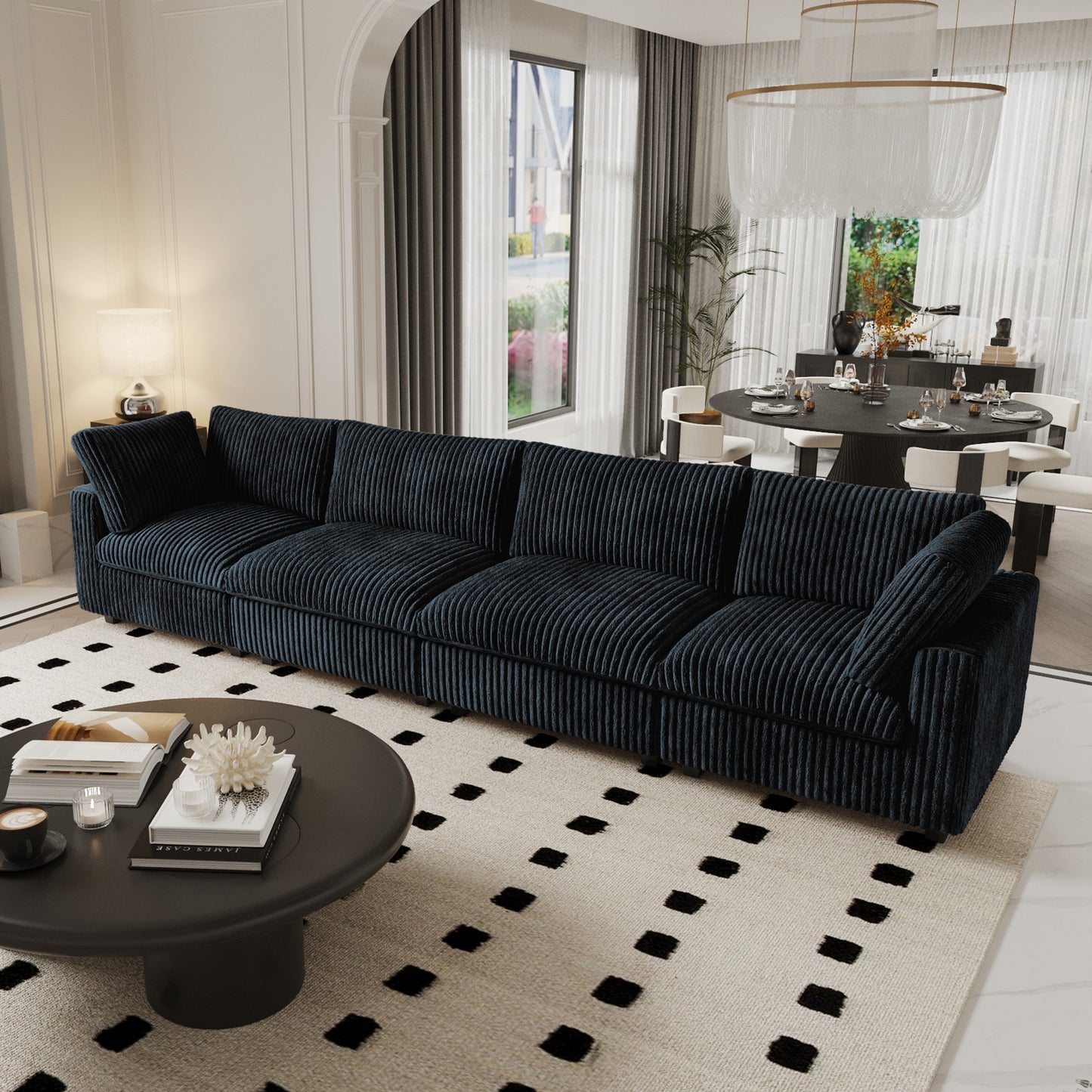 luxurious Corduroy Sectional Sofa Set is crafted with a wooden frame and sponge filling, offering durability and comfort. Its modular design and modern style make it versatile for various settings like living rooms, villas, or hotels. (Copy)