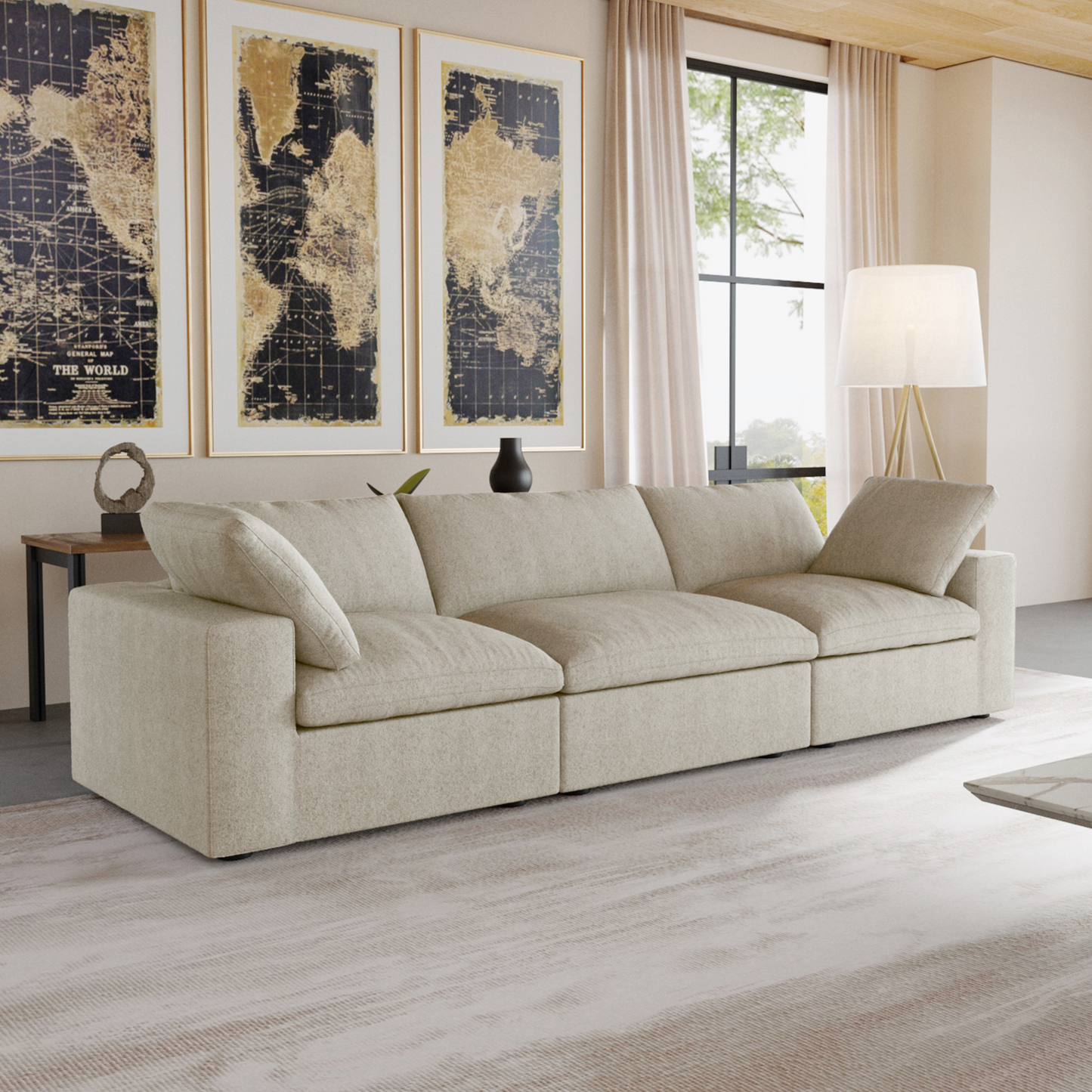 luxurious Corduroy Sectional Sofa Set (Beige) is crafted with a wooden frame and sponge filling, offering durability and comfort. Its modular design and modern style make it versatile for various settings like living rooms, villas, or hotels.