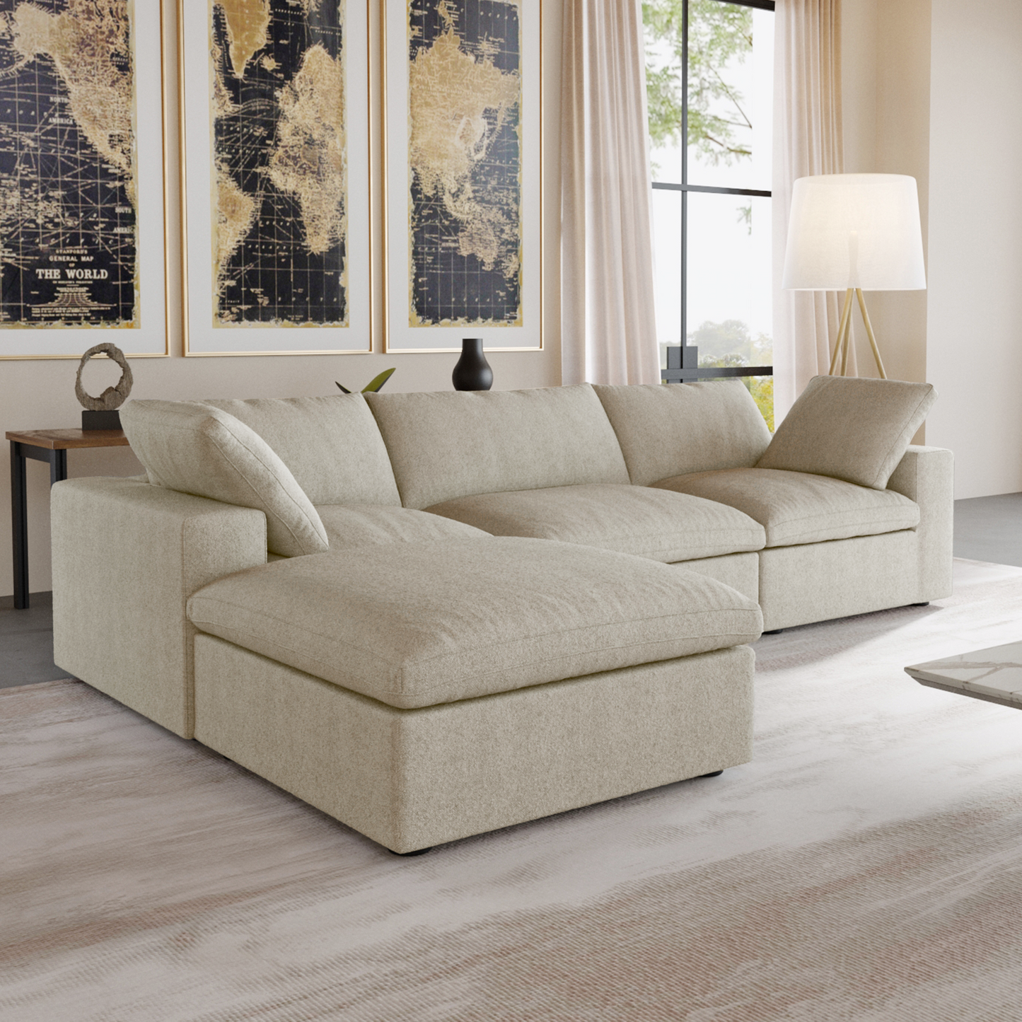 luxurious Corduroy Sectional Sofa Set (Beige) is crafted with a wooden frame and sponge filling, offering durability and comfort. Its modular design and modern style make it versatile for various settings like living rooms, villas, or hotels.