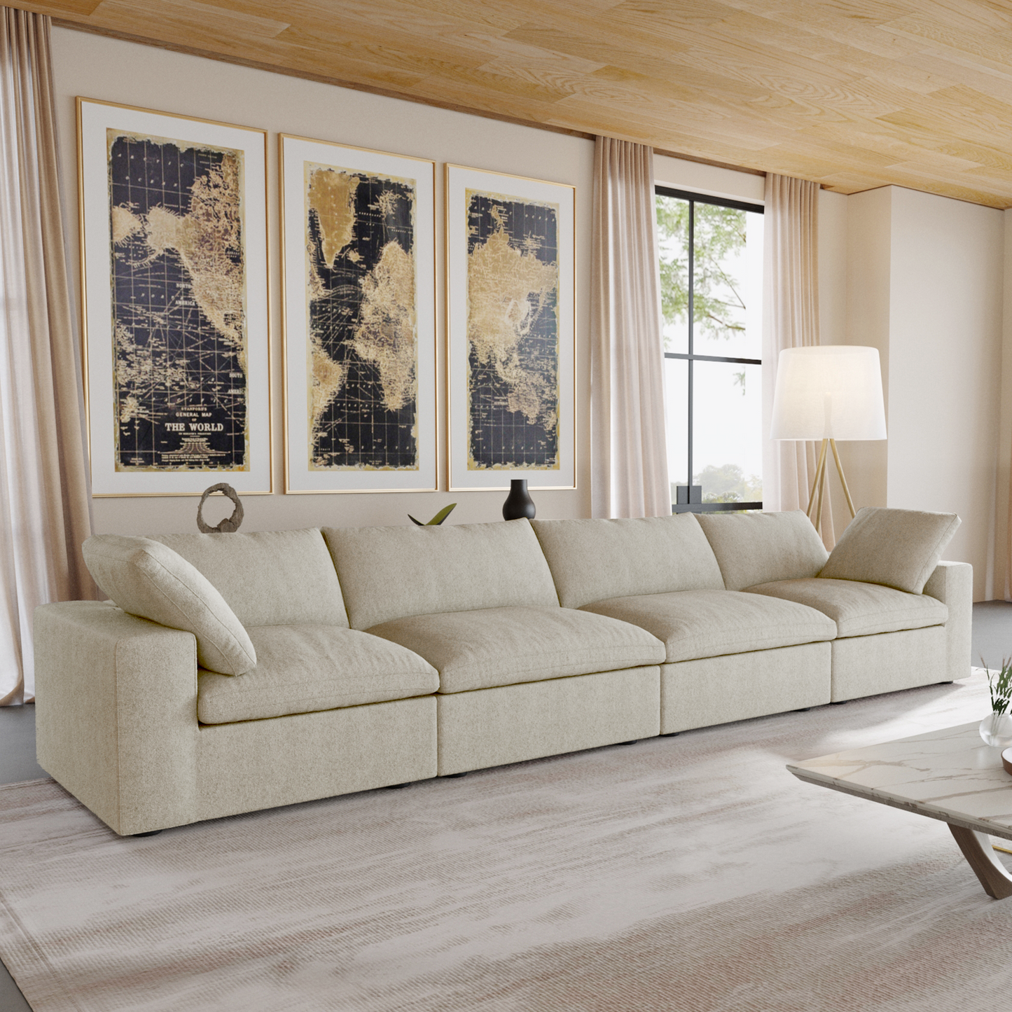 luxurious Corduroy Sectional Sofa Set (Beige) is crafted with a wooden frame and sponge filling, offering durability and comfort. Its modular design and modern style make it versatile for various settings like living rooms, villas, or hotels.