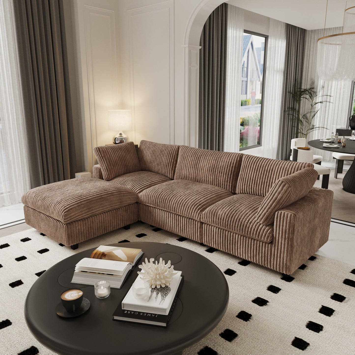 luxurious Corduroy Sectional Sofa Set is crafted with a wooden frame and sponge filling, offering durability and comfort. Its modular design and modern style make it versatile for various settings like living rooms, villas, or hotels.
