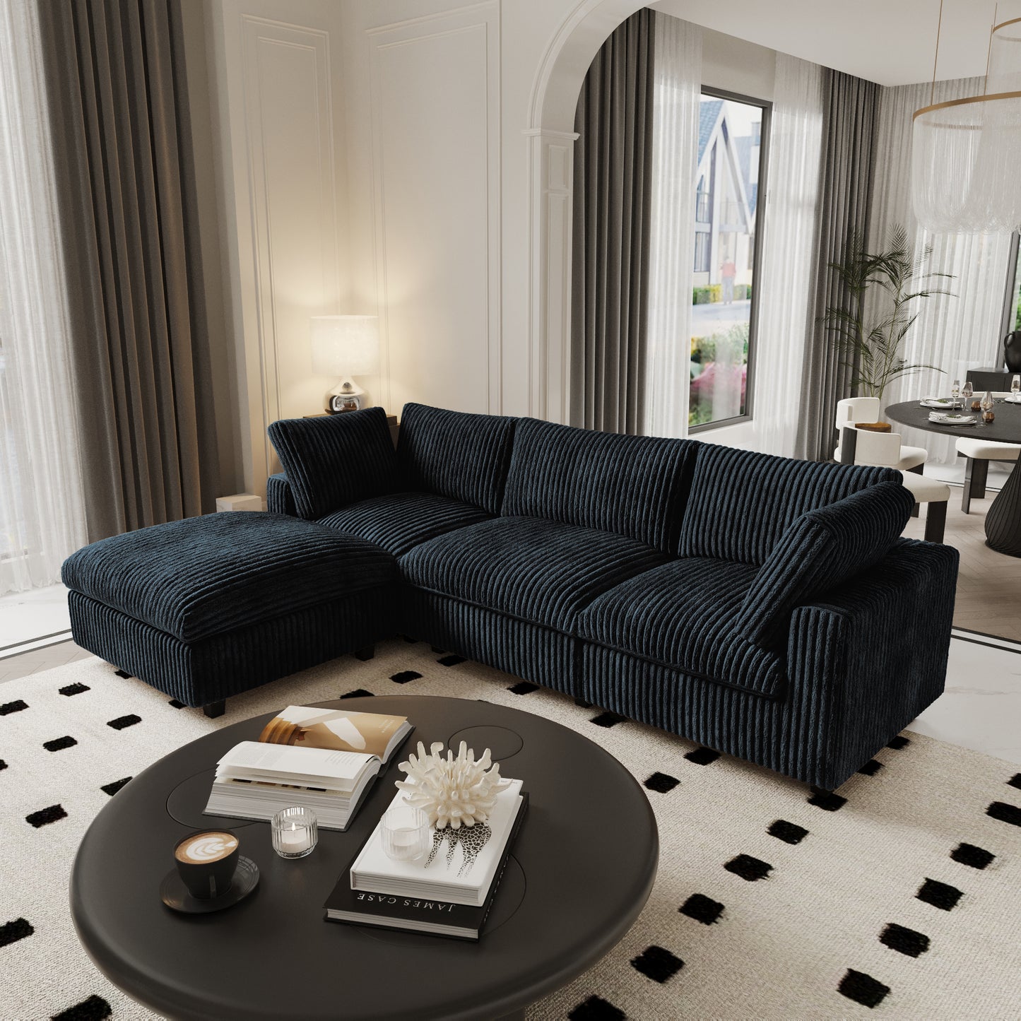 luxurious Corduroy Sectional Sofa Set is crafted with a wooden frame and sponge filling, offering durability and comfort. Its modular design and modern style make it versatile for various settings like living rooms, villas, or hotels. (Copy)