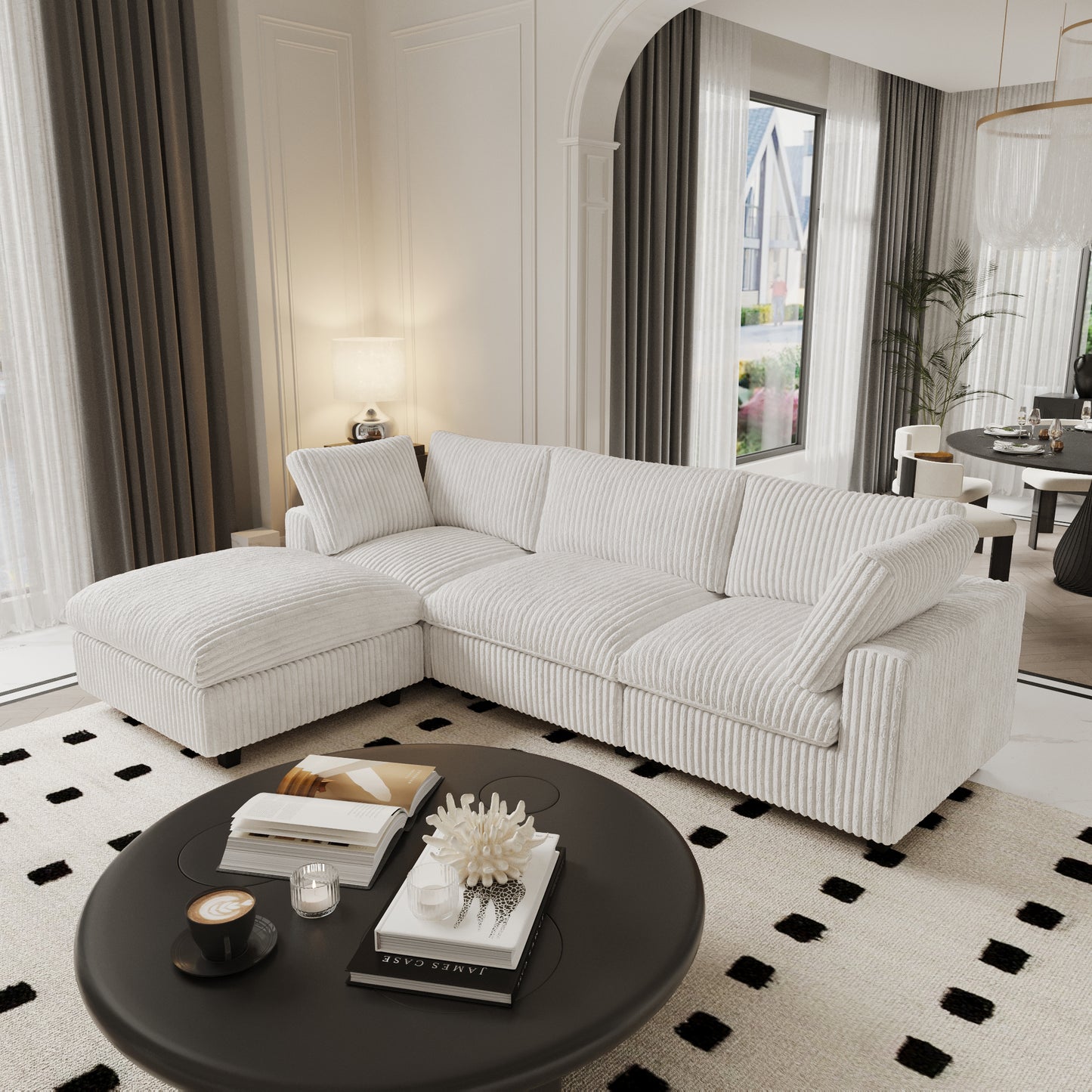 luxurious Corduroy Sectional Sofa Set is crafted with a wooden frame and sponge filling, offering durability and comfort. Its modular design and modern style make it versatile for various settings like living rooms, villas, or hotels.