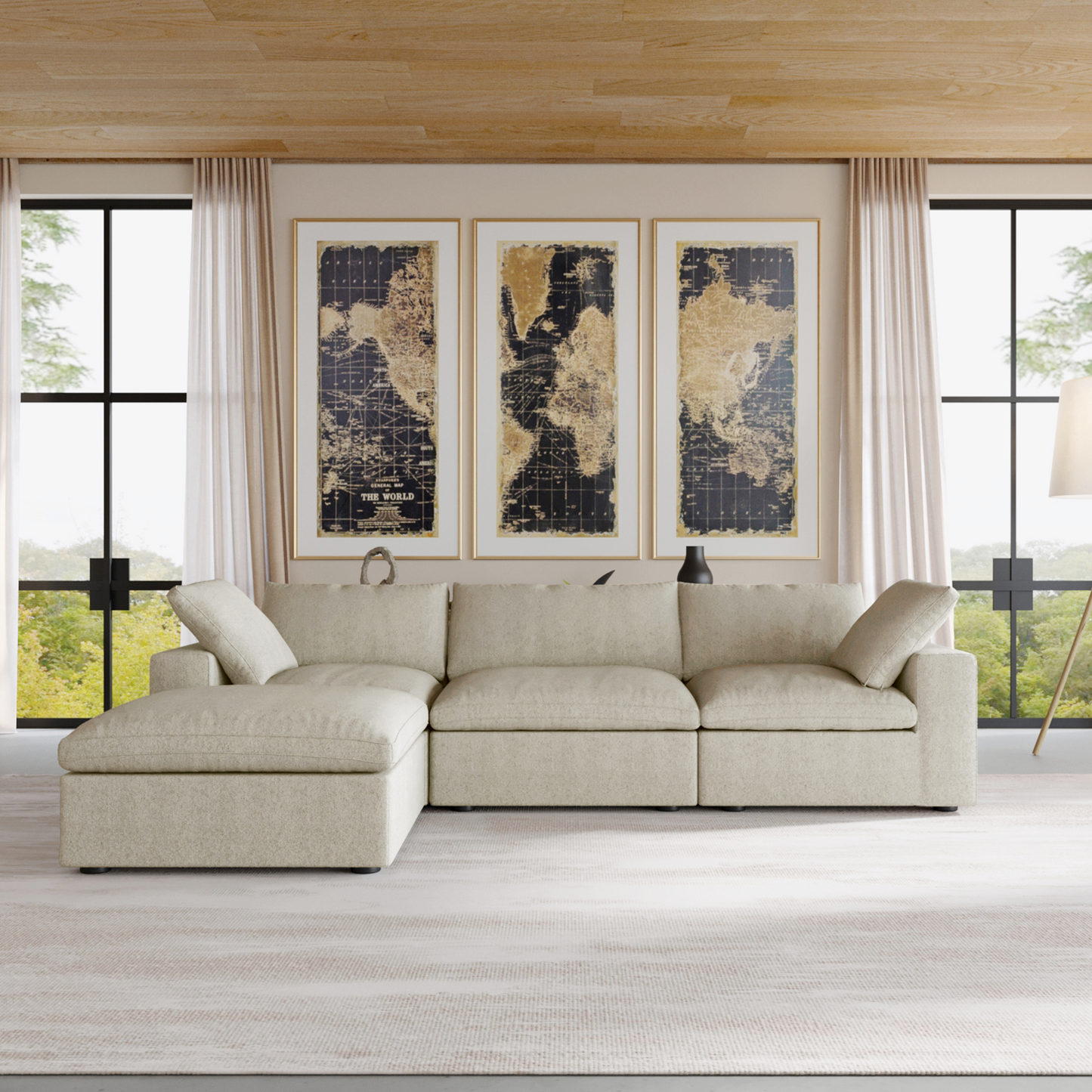 luxurious Corduroy Sectional Sofa Set (Beige) is crafted with a wooden frame and sponge filling, offering durability and comfort. Its modular design and modern style make it versatile for various settings like living rooms, villas, or hotels.