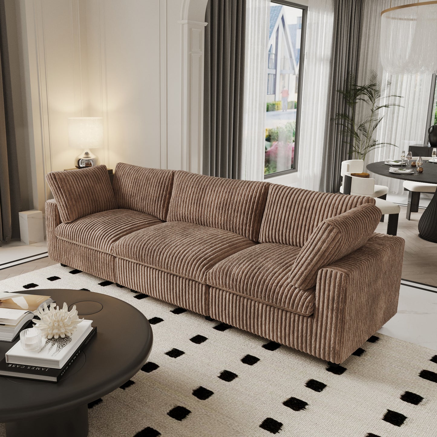 luxurious Corduroy Sectional Sofa Set is crafted with a wooden frame and sponge filling, offering durability and comfort. Its modular design and modern style make it versatile for various settings like living rooms, villas, or hotels.