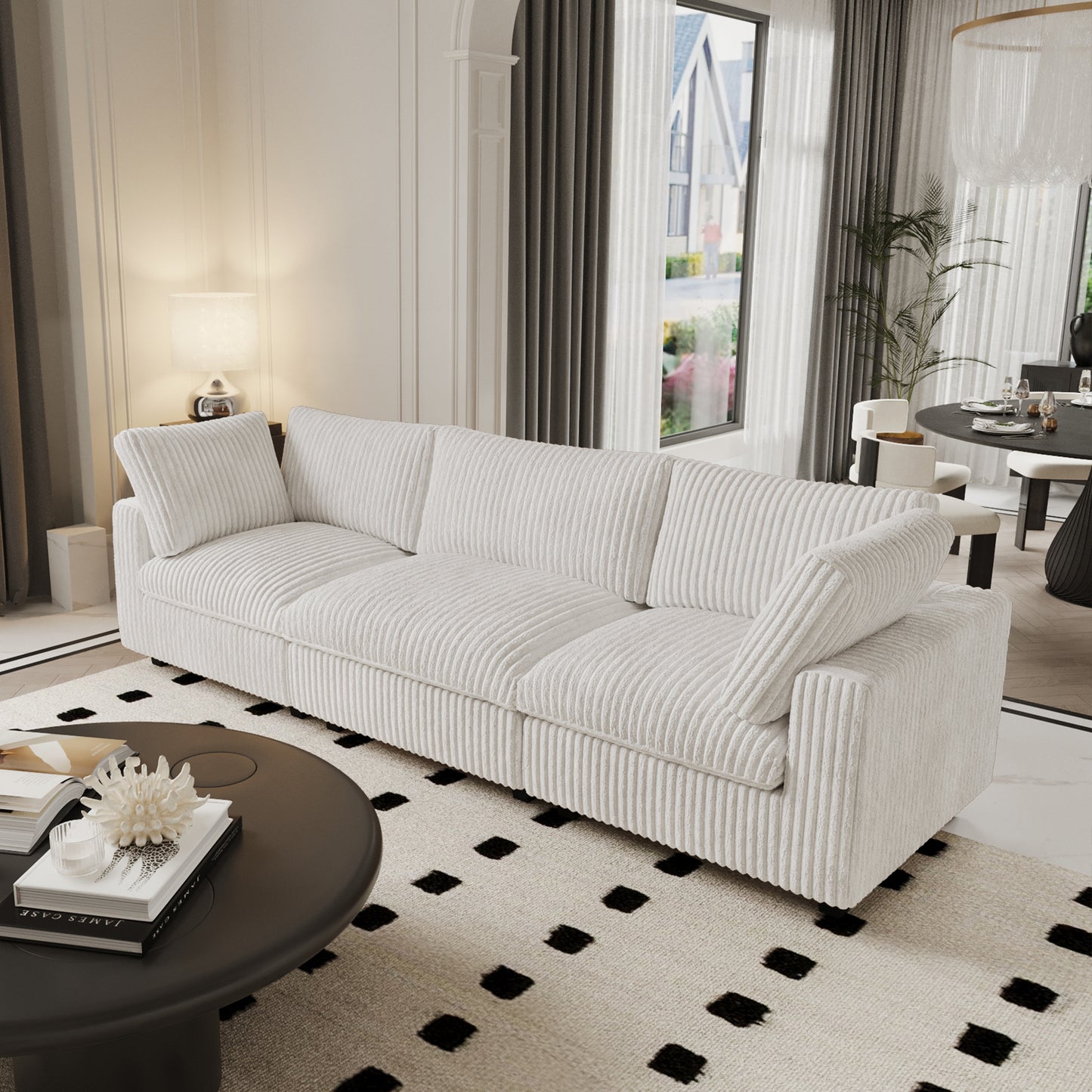 luxurious Corduroy Sectional Sofa Set is crafted with a wooden frame and sponge filling, offering durability and comfort. Its modular design and modern style make it versatile for various settings like living rooms, villas, or hotels.