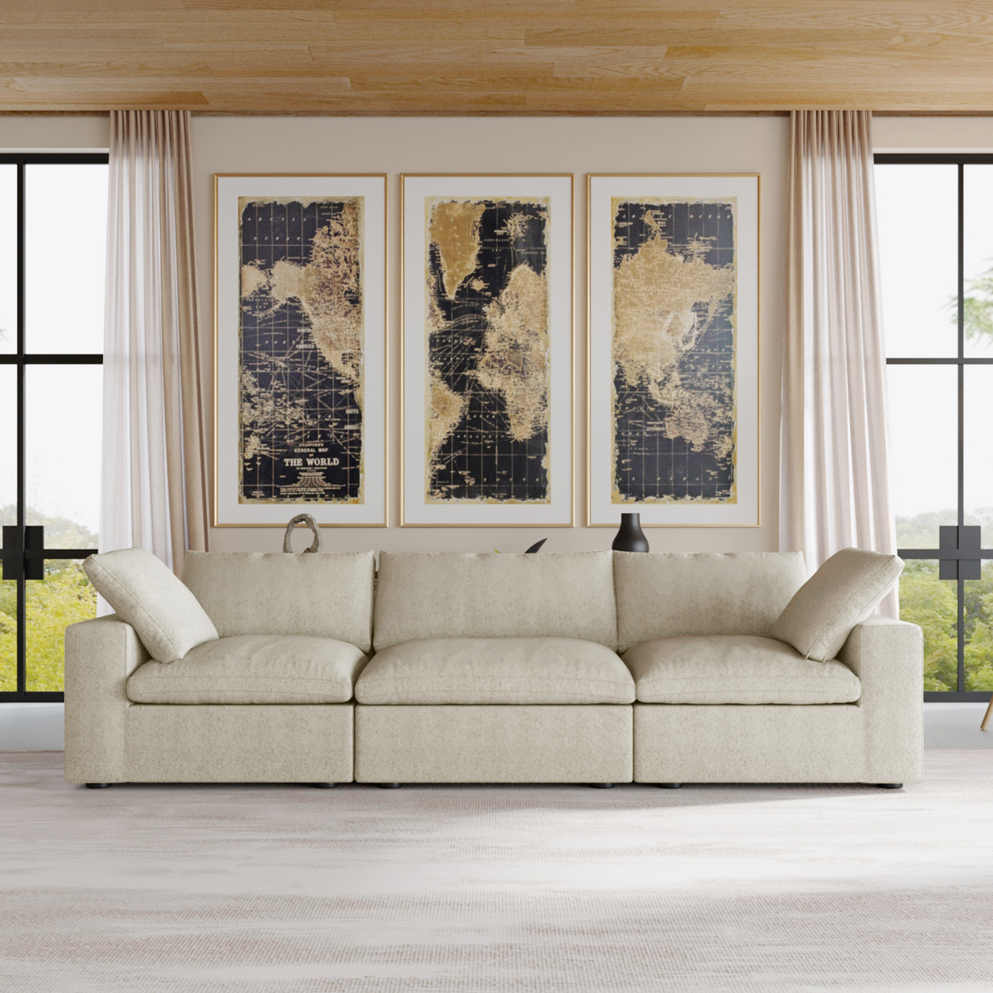 luxurious Corduroy Sectional Sofa Set (Beige) is crafted with a wooden frame and sponge filling, offering durability and comfort. Its modular design and modern style make it versatile for various settings like living rooms, villas, or hotels.