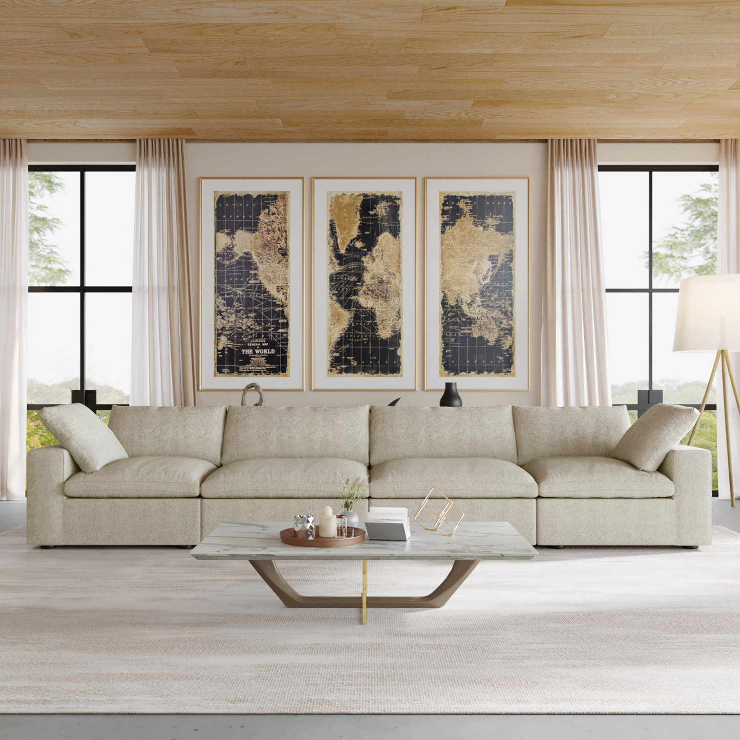 luxurious Corduroy Sectional Sofa Set (Beige) is crafted with a wooden frame and sponge filling, offering durability and comfort. Its modular design and modern style make it versatile for various settings like living rooms, villas, or hotels.