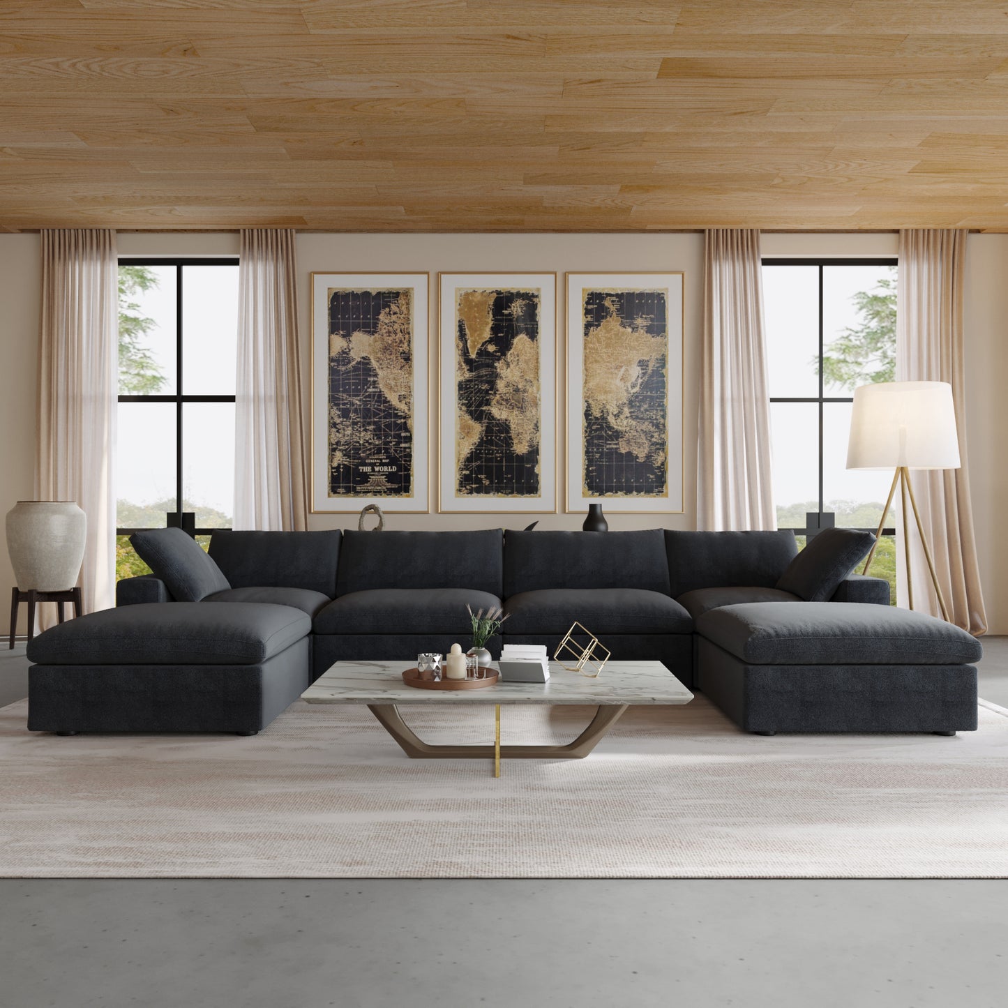 luxurious Corduroy Sectional Sofa Set (Black) is crafted with a wooden frame and sponge filling, offering durability and comfort. Its modular design and modern style make it versatile for various settings like living rooms, villas, or hotels.