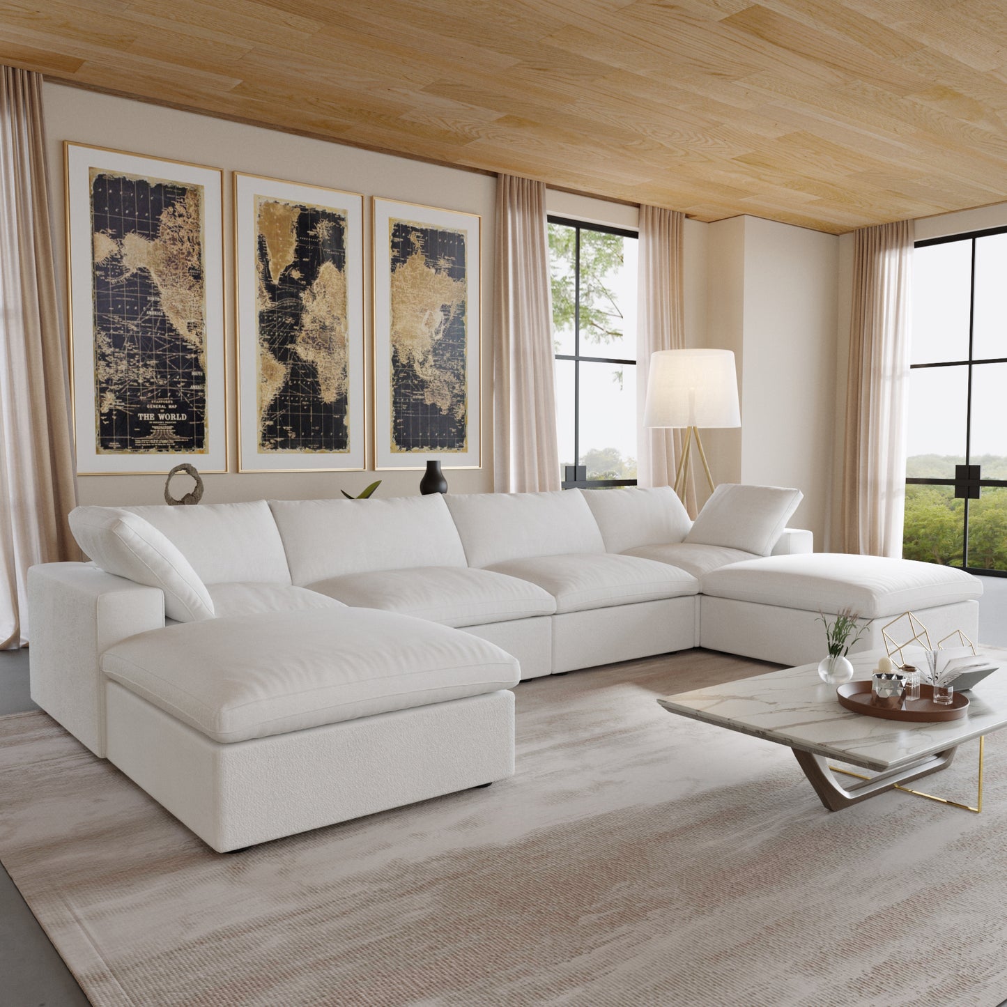luxurious Corduroy Sectional Sofa Set (White) is crafted with a wooden frame and sponge filling, offering durability and comfort. Its modular design and modern style make it versatile for various settings like living rooms, villas, or hotels.
