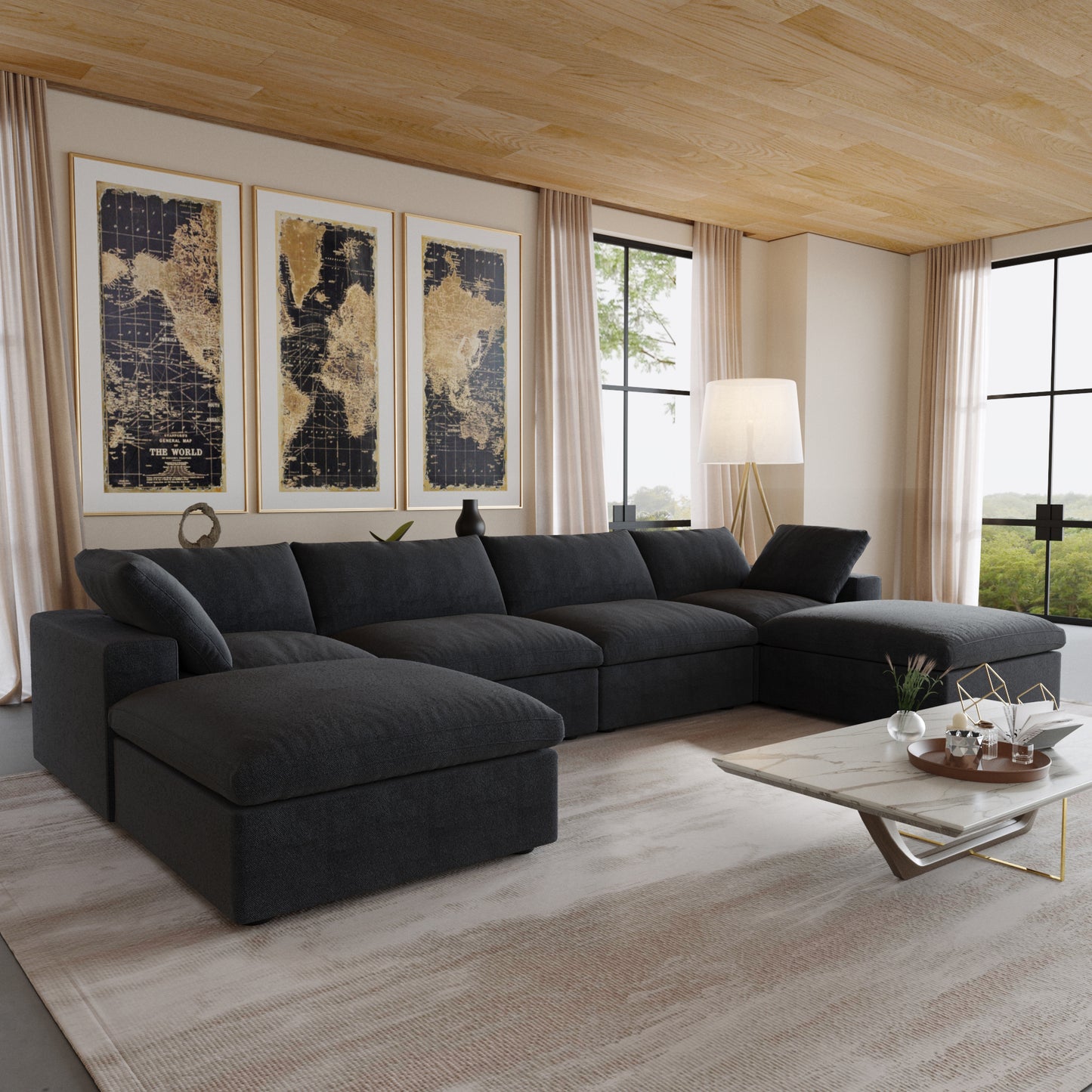 luxurious Corduroy Sectional Sofa Set (Black) is crafted with a wooden frame and sponge filling, offering durability and comfort. Its modular design and modern style make it versatile for various settings like living rooms, villas, or hotels.