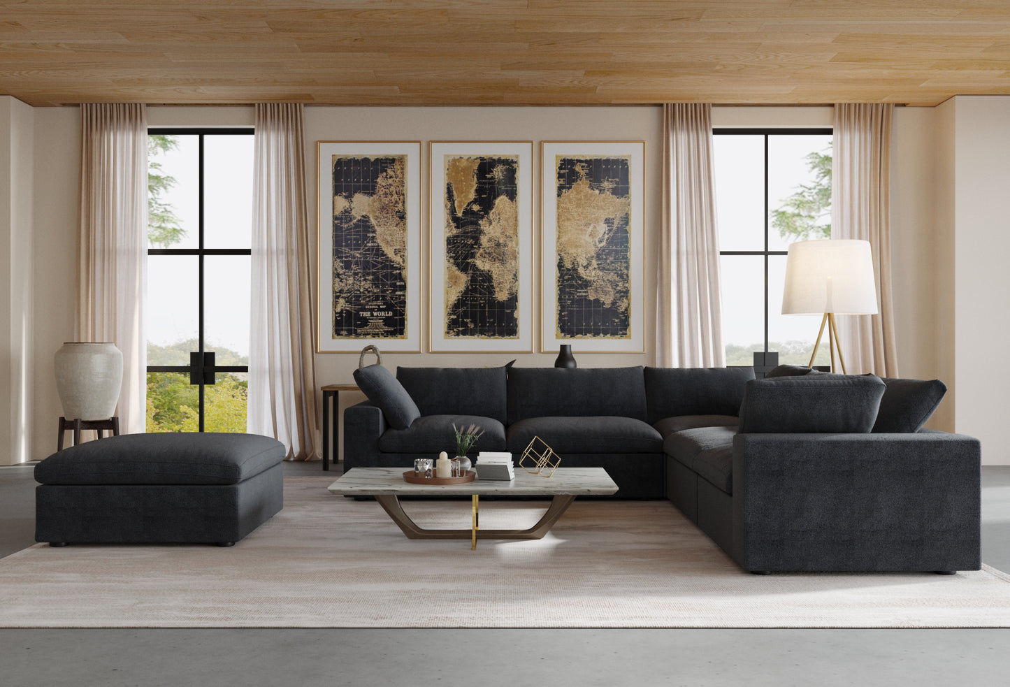 luxurious Corduroy Sectional Sofa Set (Black) is crafted with a wooden frame and sponge filling, offering durability and comfort. Its modular design and modern style make it versatile for various settings like living rooms, villas, or hotels.