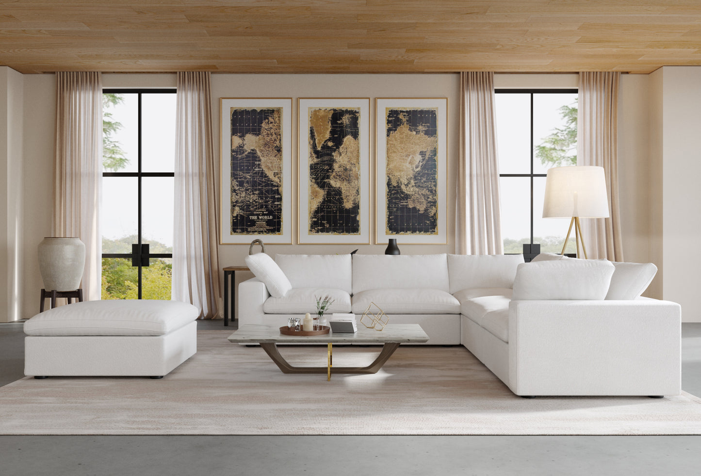 luxurious Corduroy Sectional Sofa Set (White) is crafted with a wooden frame and sponge filling, offering durability and comfort. Its modular design and modern style make it versatile for various settings like living rooms, villas, or hotels.