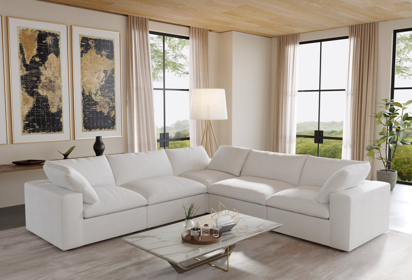 luxurious Corduroy Sectional Sofa Set (White) is crafted with a wooden frame and sponge filling, offering durability and comfort. Its modular design and modern style make it versatile for various settings like living rooms, villas, or hotels.