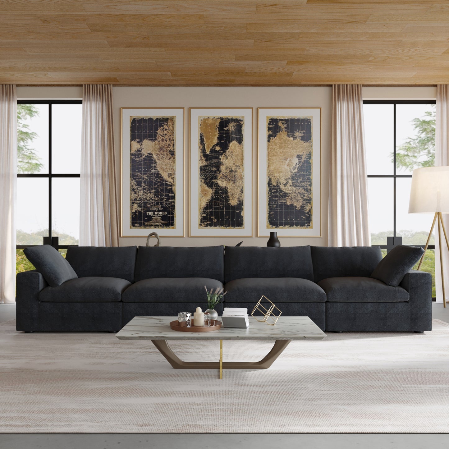 luxurious Corduroy Sectional Sofa Set (Black) is crafted with a wooden frame and sponge filling, offering durability and comfort. Its modular design and modern style make it versatile for various settings like living rooms, villas, or hotels.