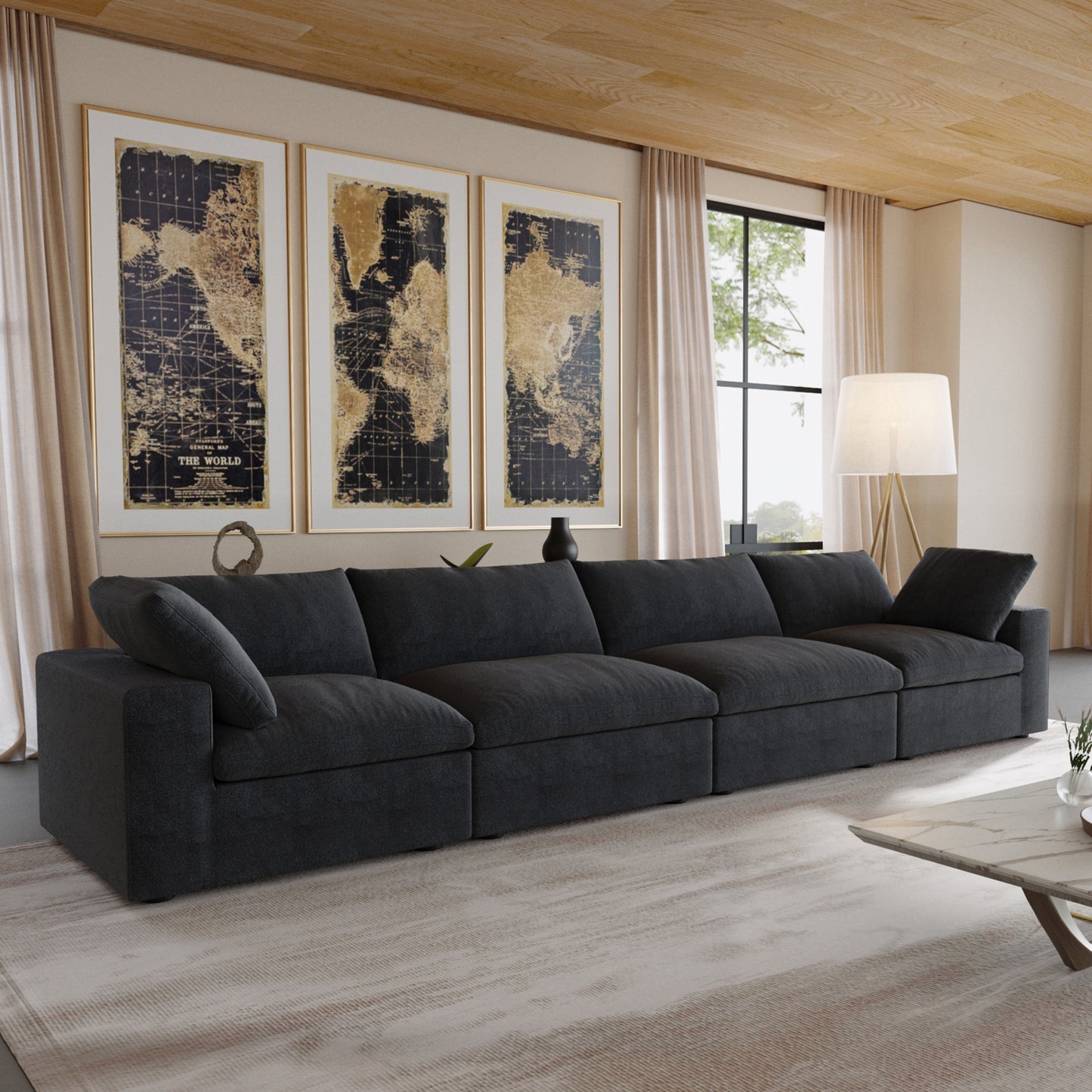 luxurious Corduroy Sectional Sofa Set (Black) is crafted with a wooden frame and sponge filling, offering durability and comfort. Its modular design and modern style make it versatile for various settings like living rooms, villas, or hotels.