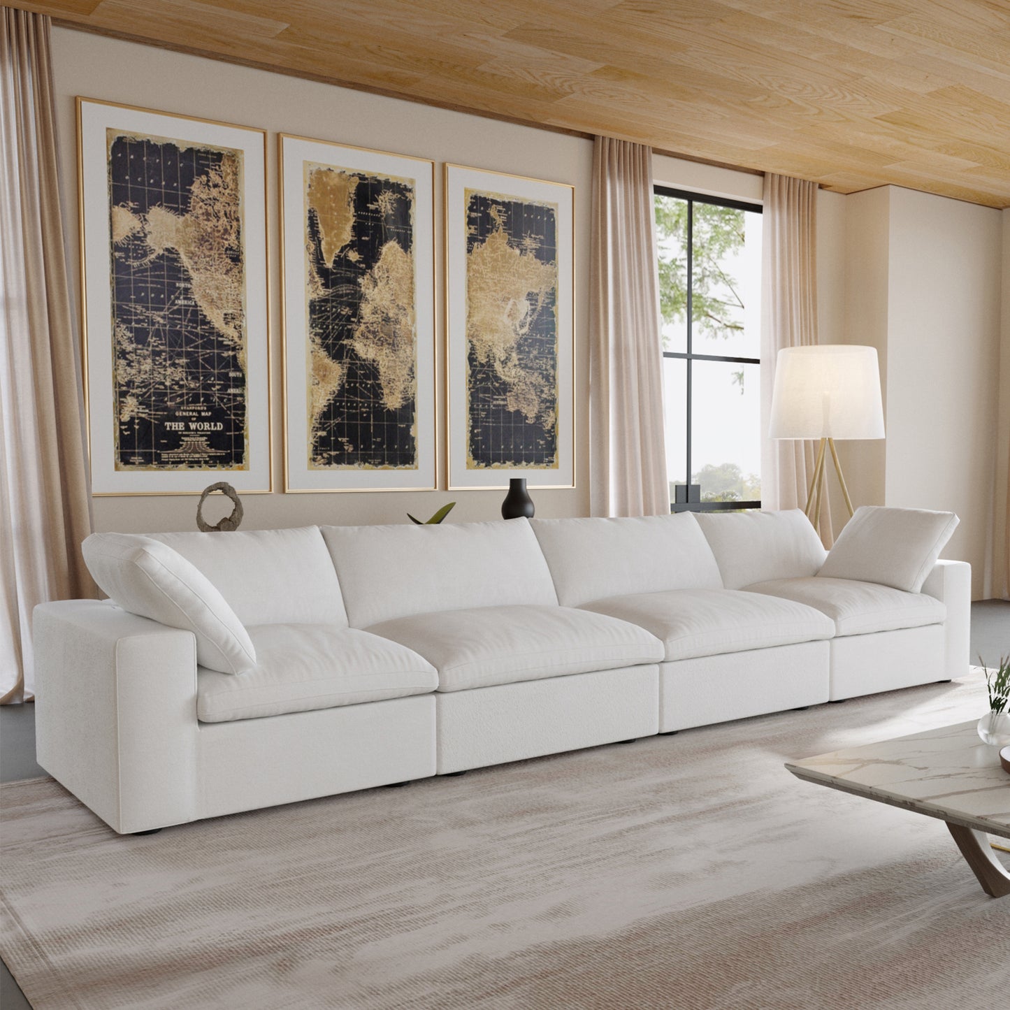 luxurious Corduroy Sectional Sofa Set (White) is crafted with a wooden frame and sponge filling, offering durability and comfort. Its modular design and modern style make it versatile for various settings like living rooms, villas, or hotels.