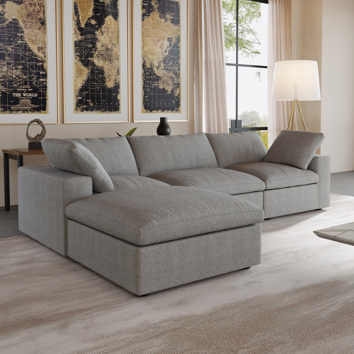 luxurious Corduroy Sectional Sofa Set (Gray) is crafted with a wooden frame and sponge filling, offering durability and comfort. Its modular design and modern style make it versatile for various settings like living rooms, villas, or hotels.