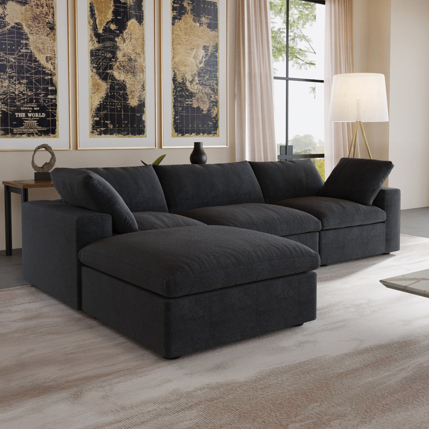 luxurious Corduroy Sectional Sofa Set (Black) is crafted with a wooden frame and sponge filling, offering durability and comfort. Its modular design and modern style make it versatile for various settings like living rooms, villas, or hotels.