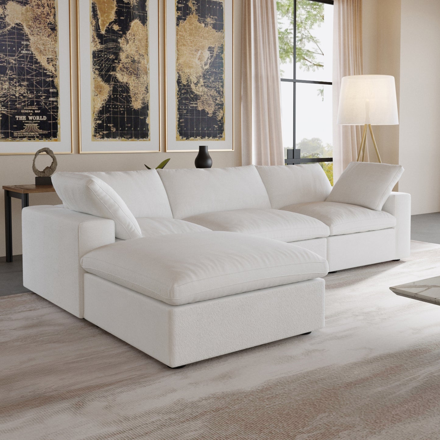 luxurious Corduroy Sectional Sofa Set (White) is crafted with a wooden frame and sponge filling, offering durability and comfort. Its modular design and modern style make it versatile for various settings like living rooms, villas, or hotels.