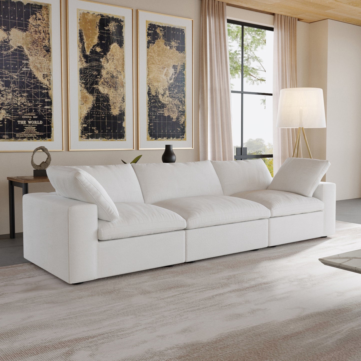 luxurious Corduroy Sectional Sofa Set (White) is crafted with a wooden frame and sponge filling, offering durability and comfort. Its modular design and modern style make it versatile for various settings like living rooms, villas, or hotels.