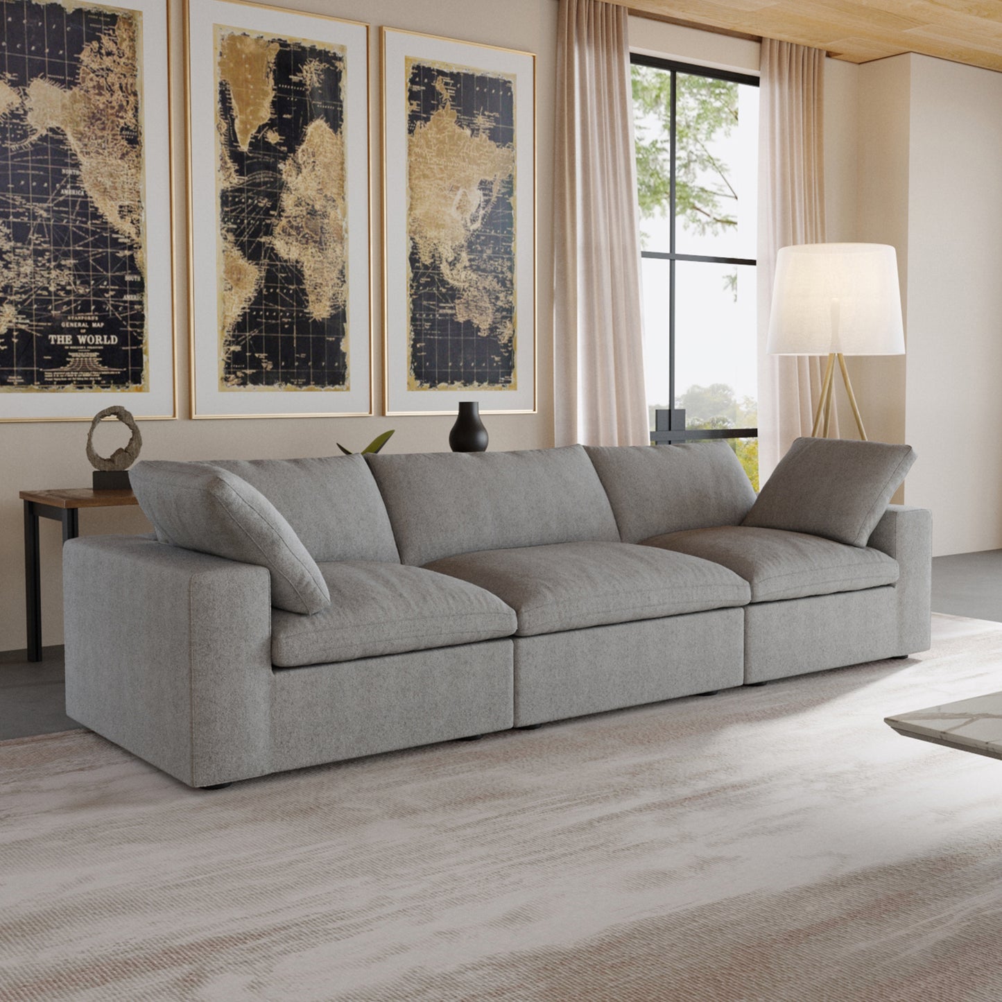 luxurious Corduroy Sectional Sofa Set (Gray) is crafted with a wooden frame and sponge filling, offering durability and comfort. Its modular design and modern style make it versatile for various settings like living rooms, villas, or hotels.