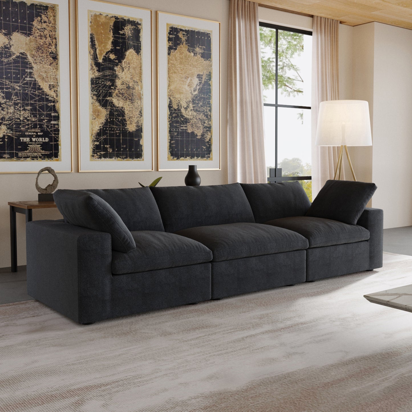 luxurious Corduroy Sectional Sofa Set (Black) is crafted with a wooden frame and sponge filling, offering durability and comfort. Its modular design and modern style make it versatile for various settings like living rooms, villas, or hotels.