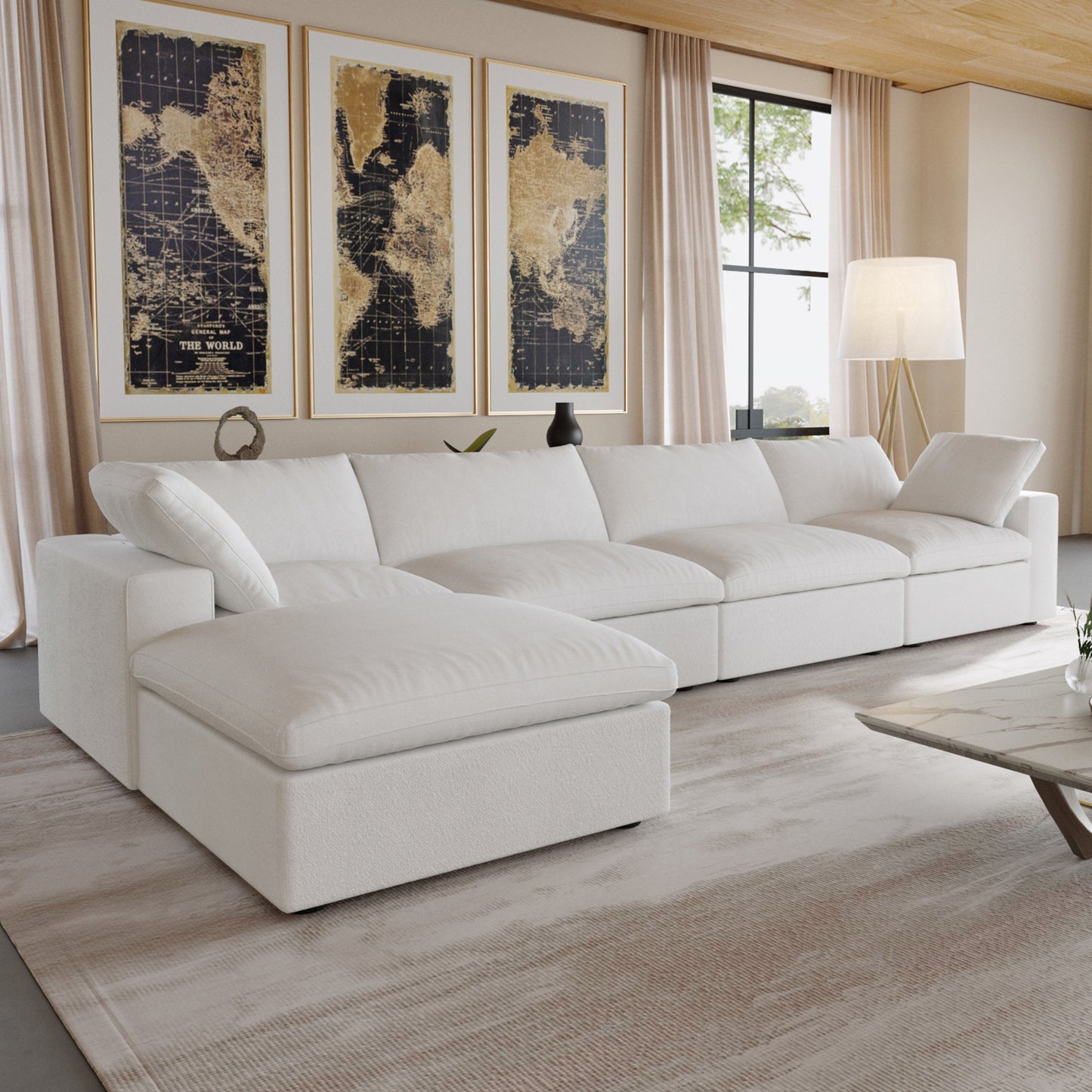 luxurious Corduroy Sectional Sofa Set (White) is crafted with a wooden frame and sponge filling, offering durability and comfort. Its modular design and modern style make it versatile for various settings like living rooms, villas, or hotels.