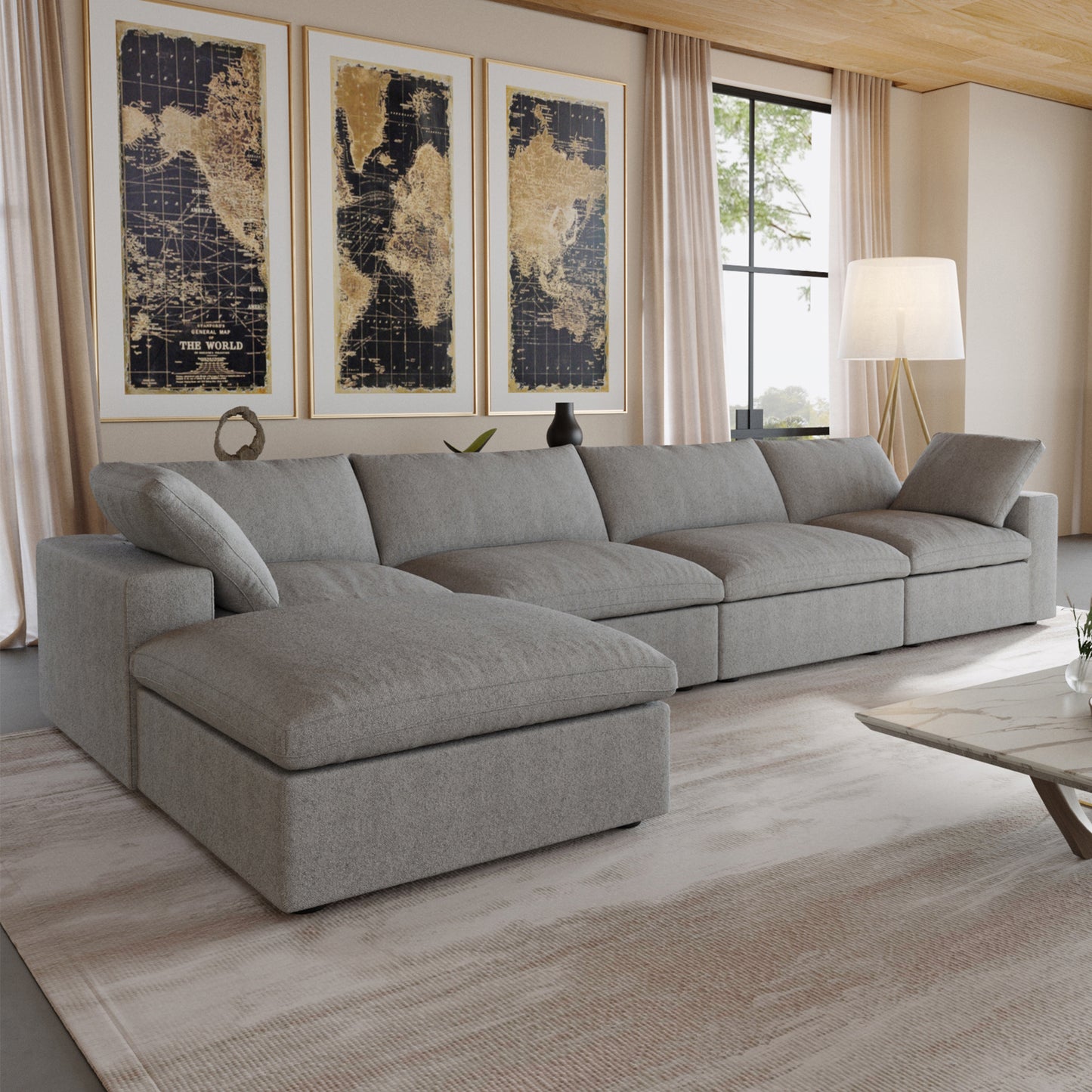 luxurious Corduroy Sectional Sofa Set (Gray) is crafted with a wooden frame and sponge filling, offering durability and comfort. Its modular design and modern style make it versatile for various settings like living rooms, villas, or hotels.