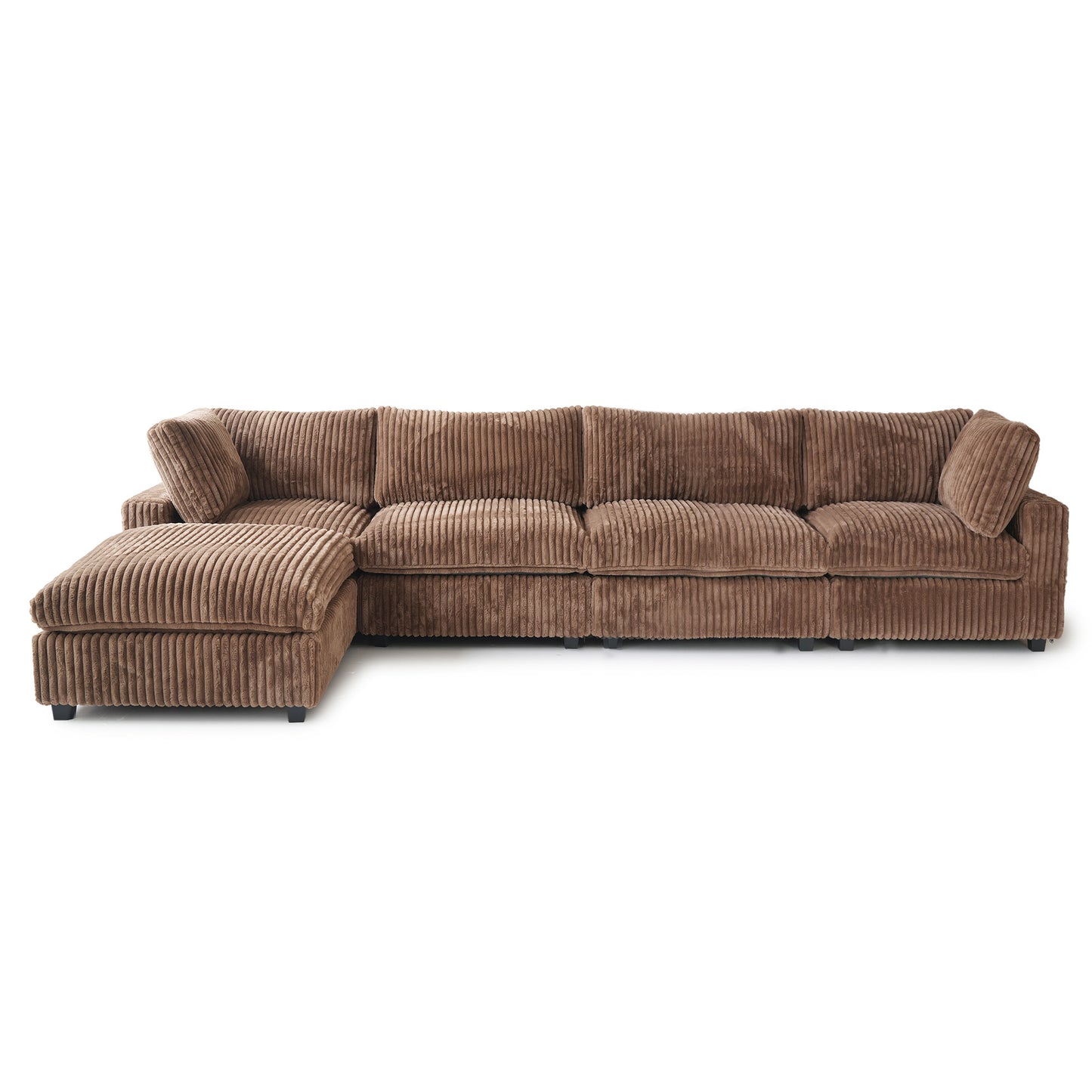 luxurious Corduroy Sectional Sofa Set is crafted with a wooden frame and sponge filling, offering durability and comfort. Its modular design and modern style make it versatile for various settings like living rooms, villas, or hotels.
