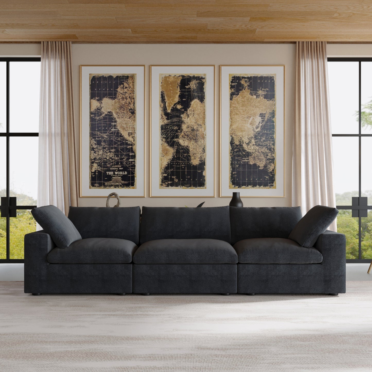 luxurious Corduroy Sectional Sofa Set (Black) is crafted with a wooden frame and sponge filling, offering durability and comfort. Its modular design and modern style make it versatile for various settings like living rooms, villas, or hotels.
