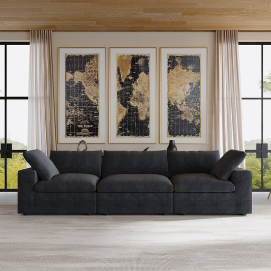 luxurious Corduroy Sectional Sofa Set (Black) is crafted with a wooden frame and sponge filling, offering durability and comfort. Its modular design and modern style make it versatile for various settings like living rooms, villas, or hotels.